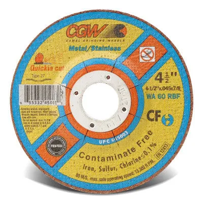 CGW Abrasives Contaminate Free Cut-Off Wheel, 6 in Dia, .045 in Thick, 60 Grit Alum. Oxide, 45017