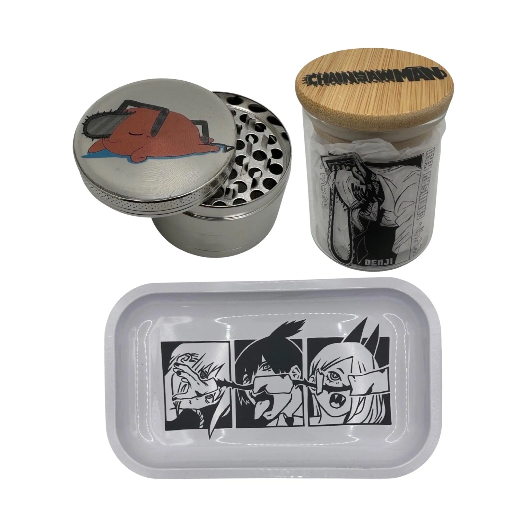 Chainsaw Man Anime Spice Grinder, Stash Jar, Rolling Tray Set