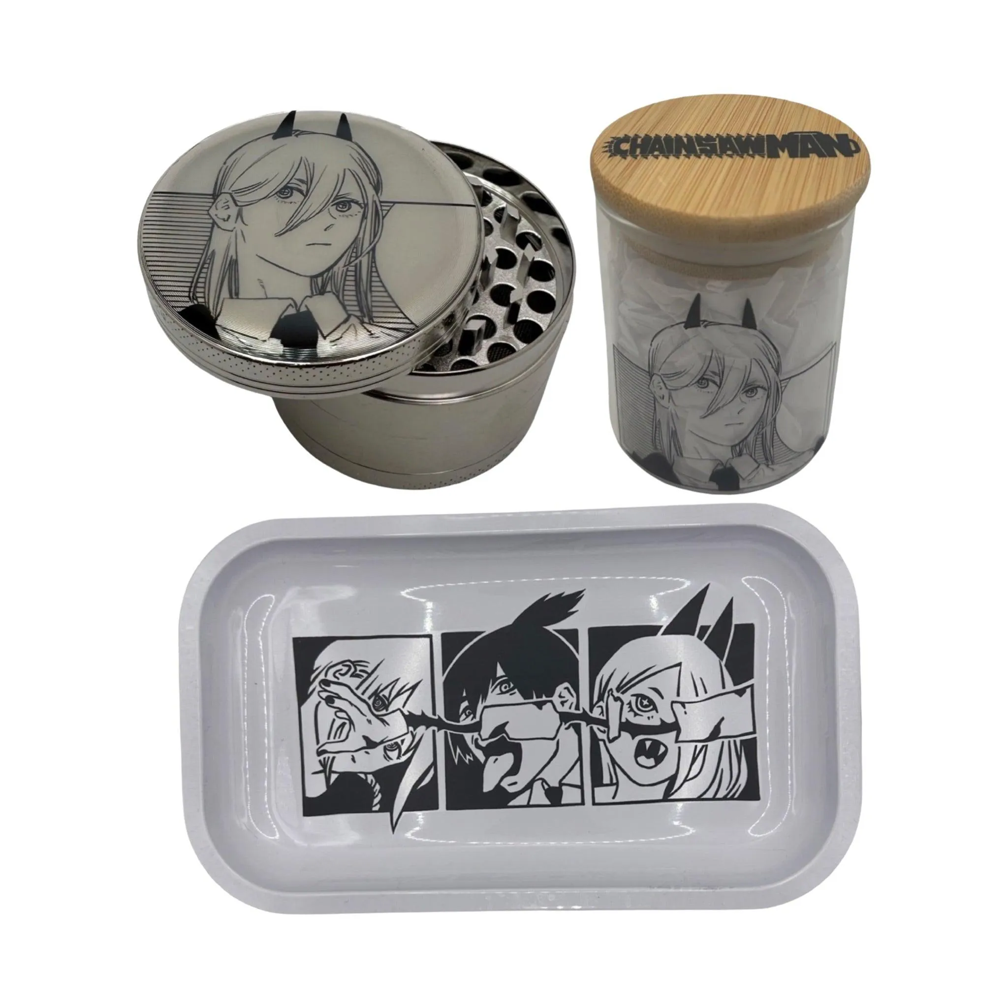 Chainsaw Man Anime Spice Grinder, Stash Jar, Rolling Tray Set