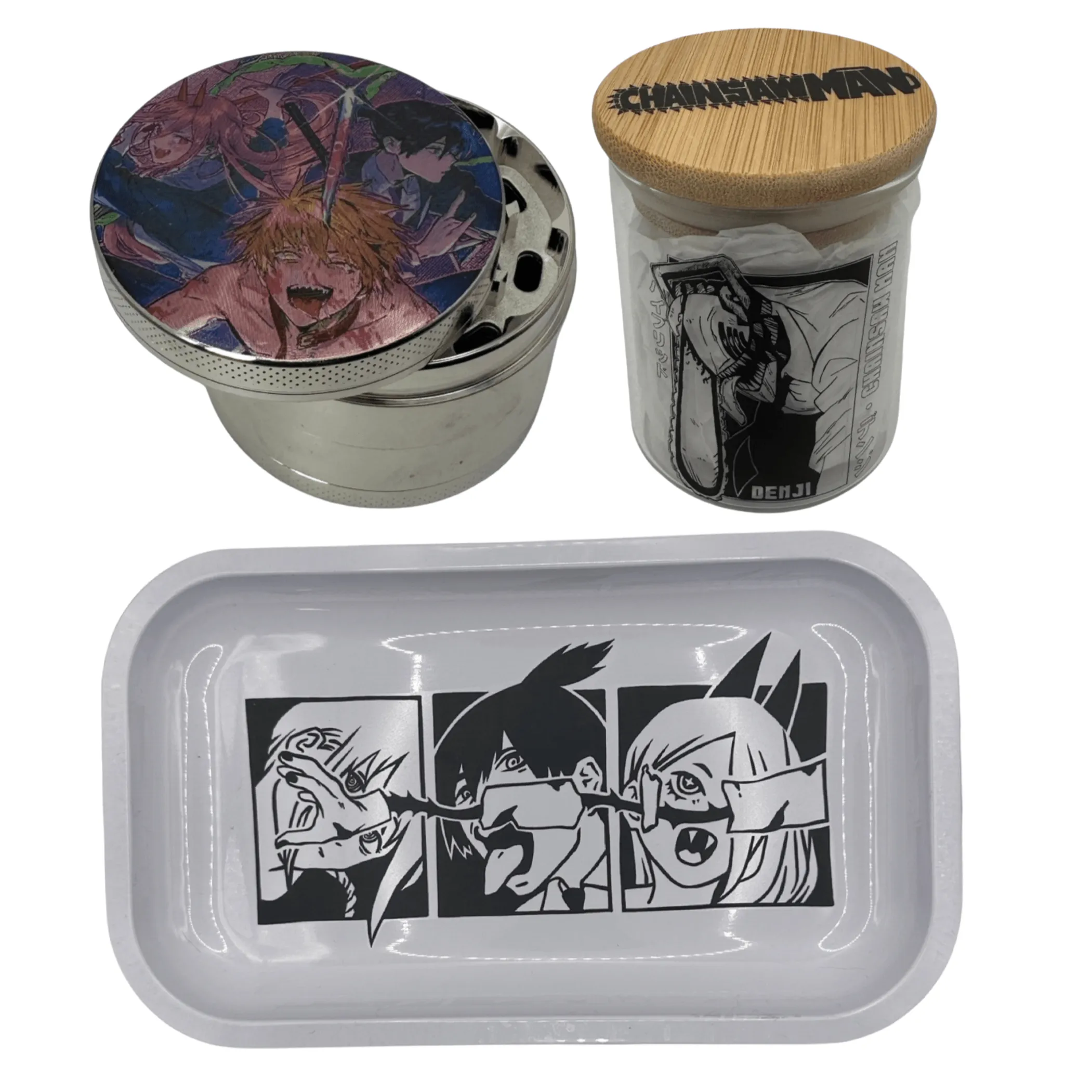 Chainsaw Man Anime Spice Grinder, Stash Jar, Rolling Tray Set