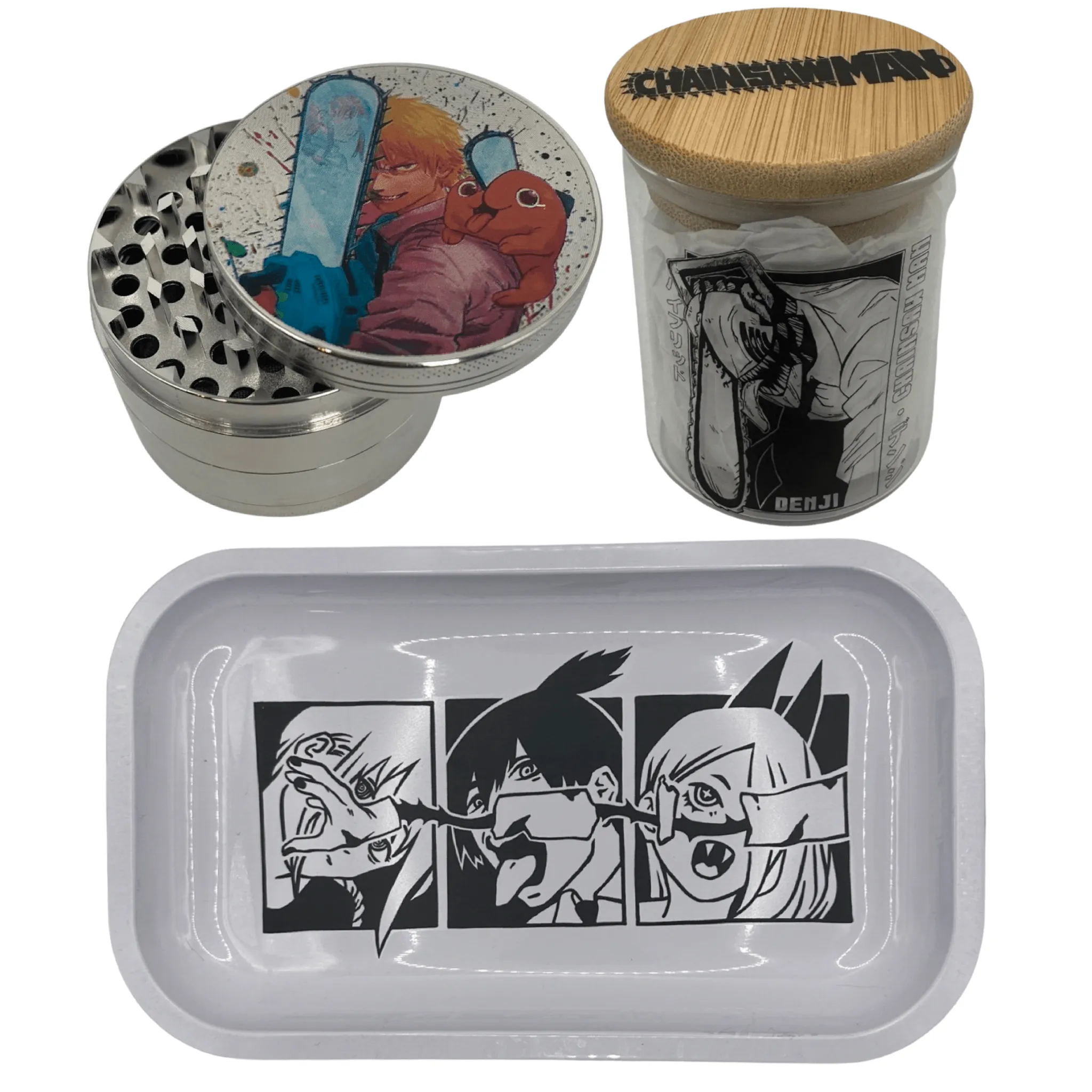 Chainsaw Man Anime Spice Grinder, Stash Jar, Rolling Tray Set