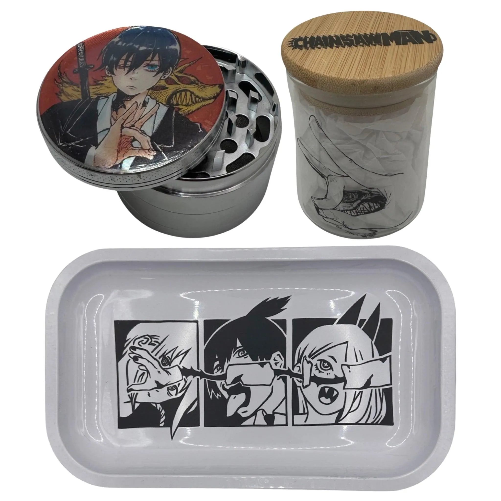 Chainsaw Man Anime Spice Grinder, Stash Jar, Rolling Tray Set