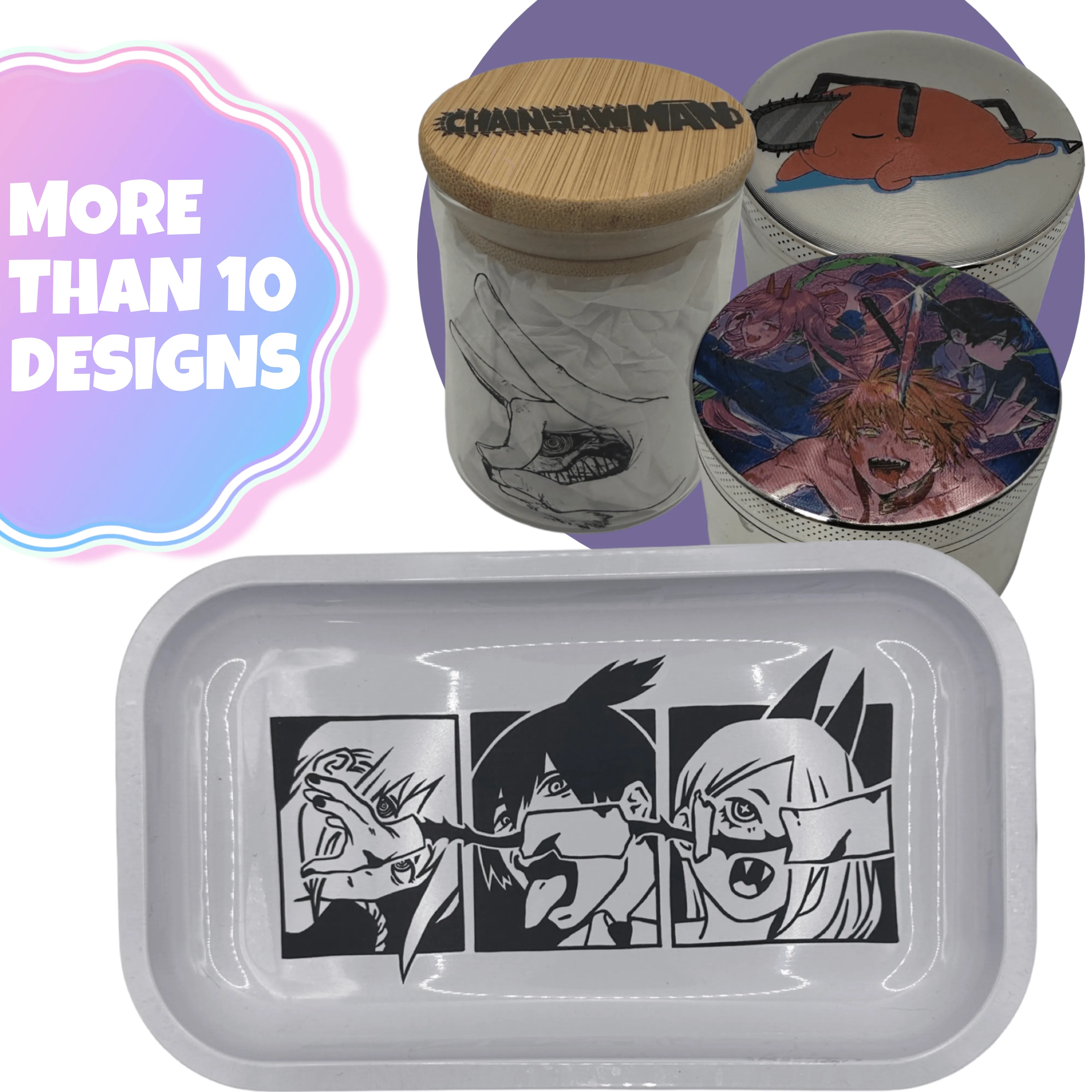 Chainsaw Man Anime Spice Grinder, Stash Jar, Rolling Tray Set