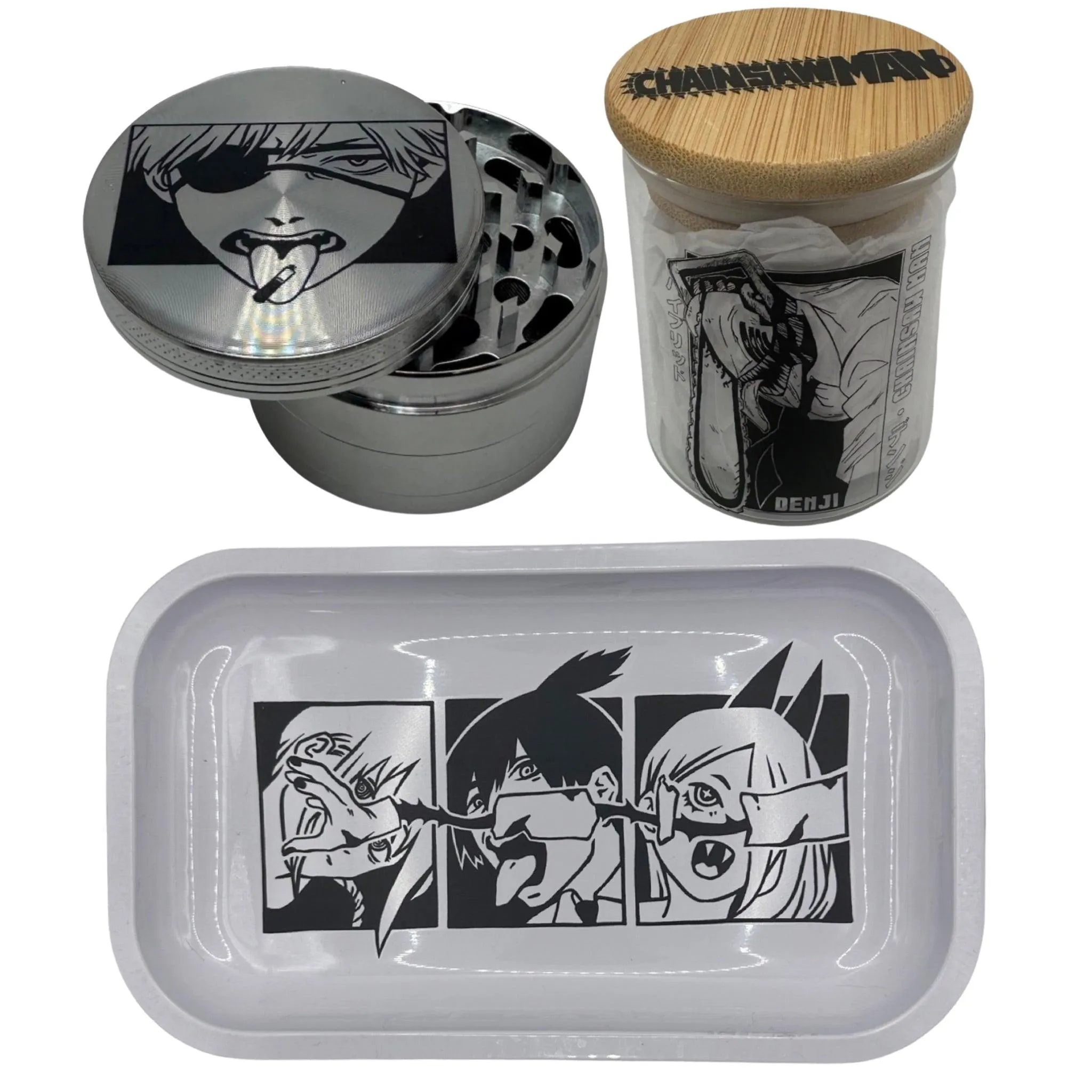 Chainsaw Man Anime Spice Grinder, Stash Jar, Rolling Tray Set