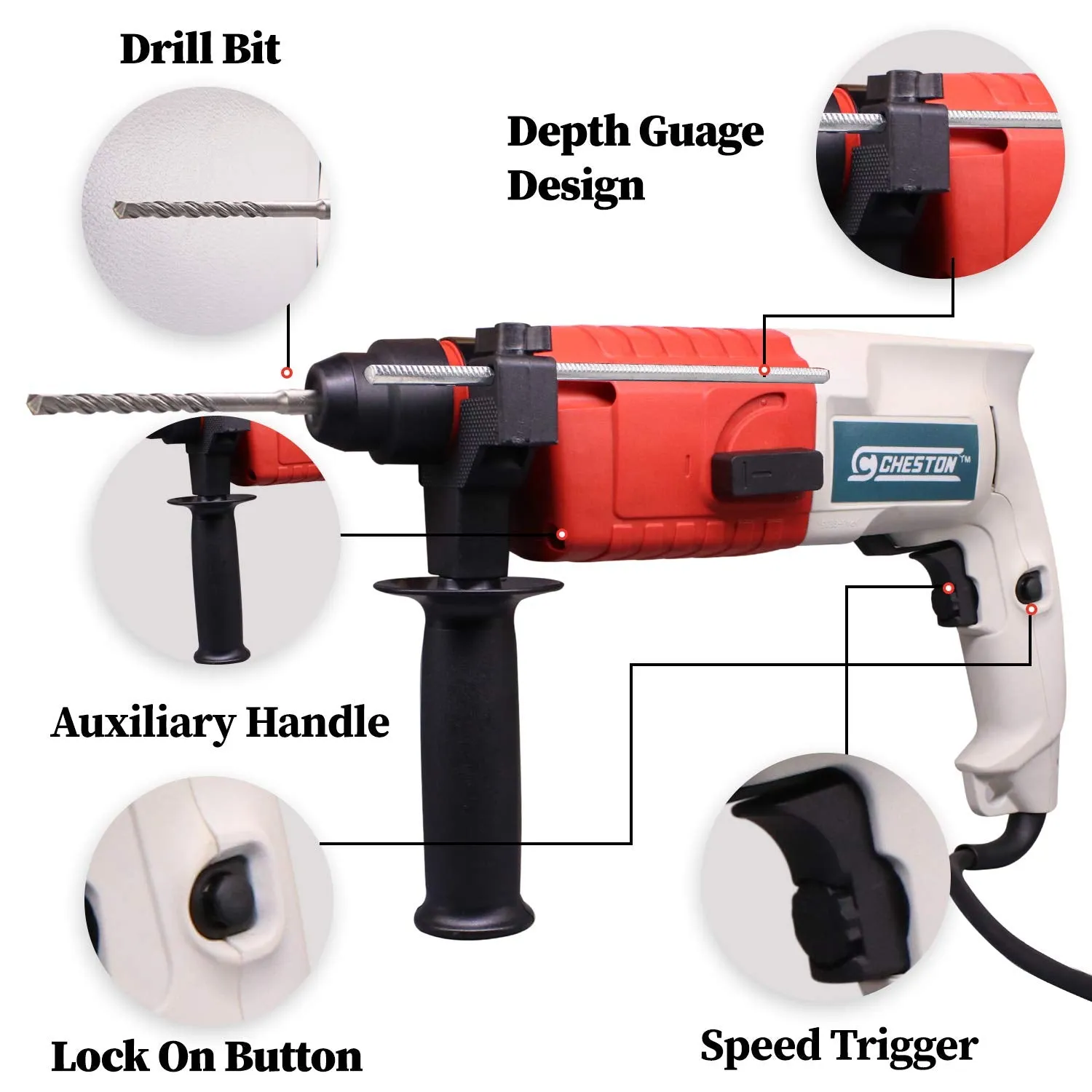 Cheston Rotary Hammer Drill Machine 20MM 500W 850RPM with 3-Piece Drill Bit