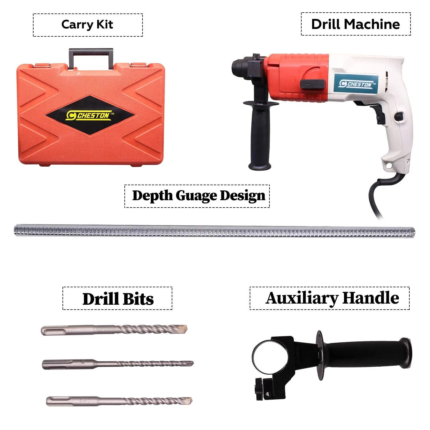 Cheston Rotary Hammer Drill Machine 20MM 500W 850RPM with 3-Piece Drill Bit