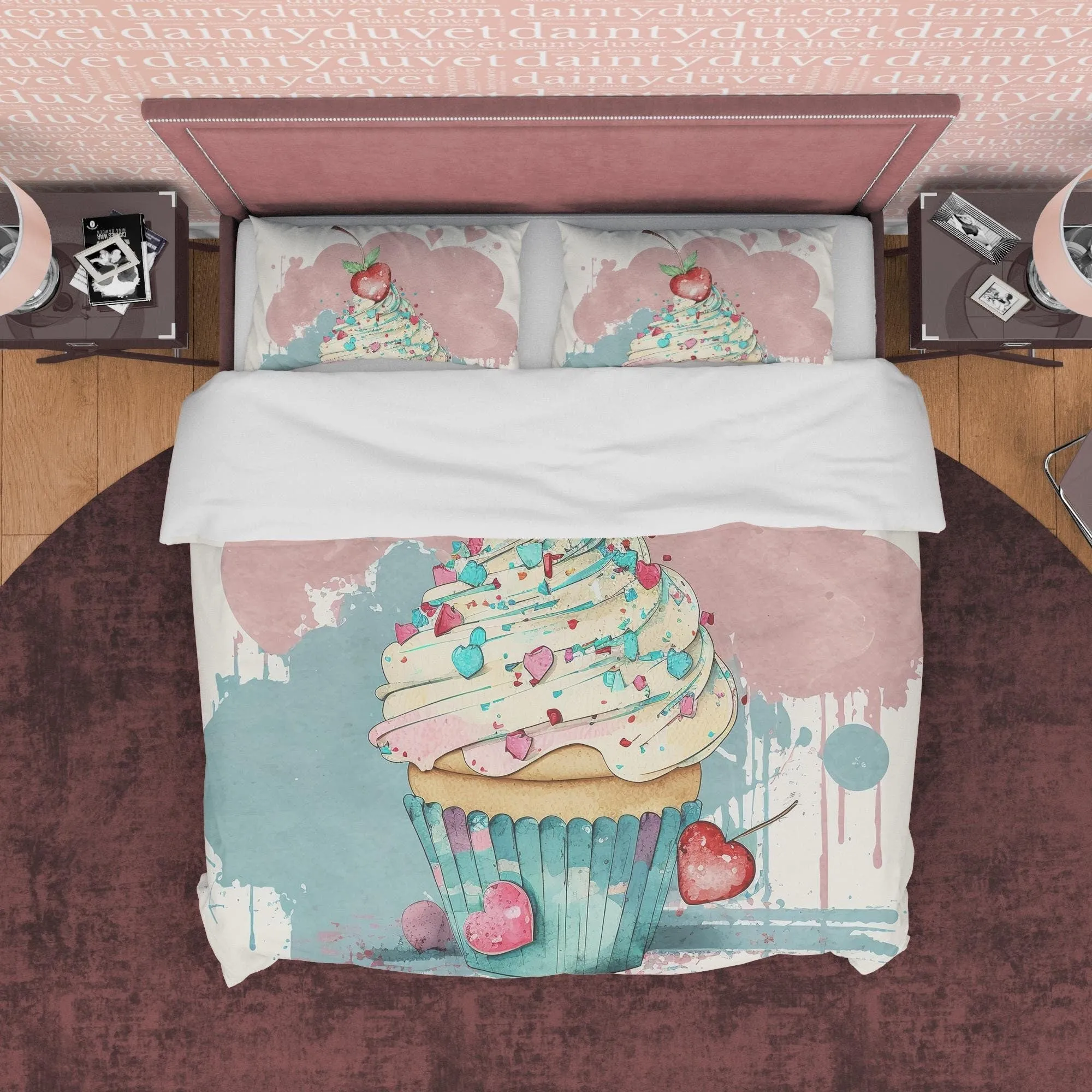 Coloful Cupcake Duvet Cover Boho Bedroom Set, Girly Bedspread Cute Quilt Cover, Dorm Bedding, Baby Girl Crib Set, Pastel Color Blanket Cover