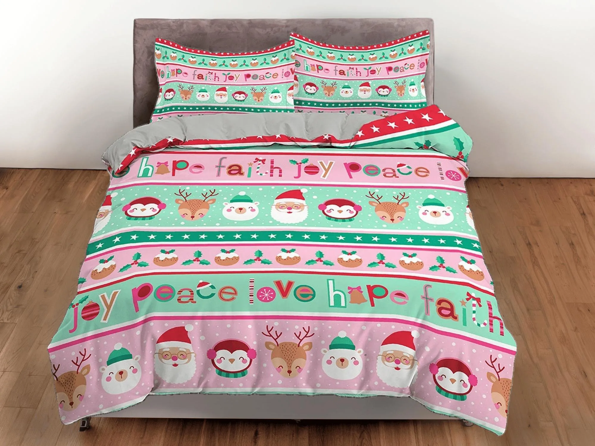 Colorful pink and green santa claus duvet cover set christmas full size bedding & pillowcase, college bedding, toddler bedding, holiday gift