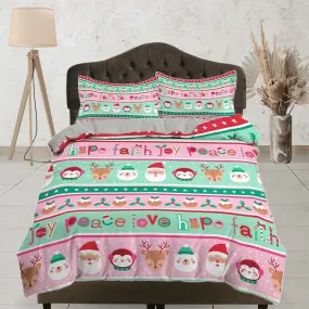 Colorful pink and green santa claus duvet cover set christmas full size bedding & pillowcase, college bedding, toddler bedding, holiday gift