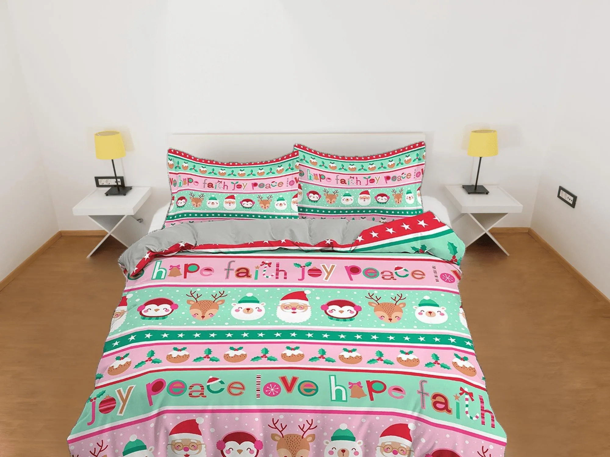 Colorful pink and green santa claus duvet cover set christmas full size bedding & pillowcase, college bedding, toddler bedding, holiday gift