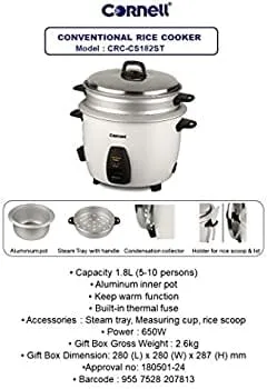 Cornell Rice 1.8L Conventional Rice Cooker CRCCS182ST