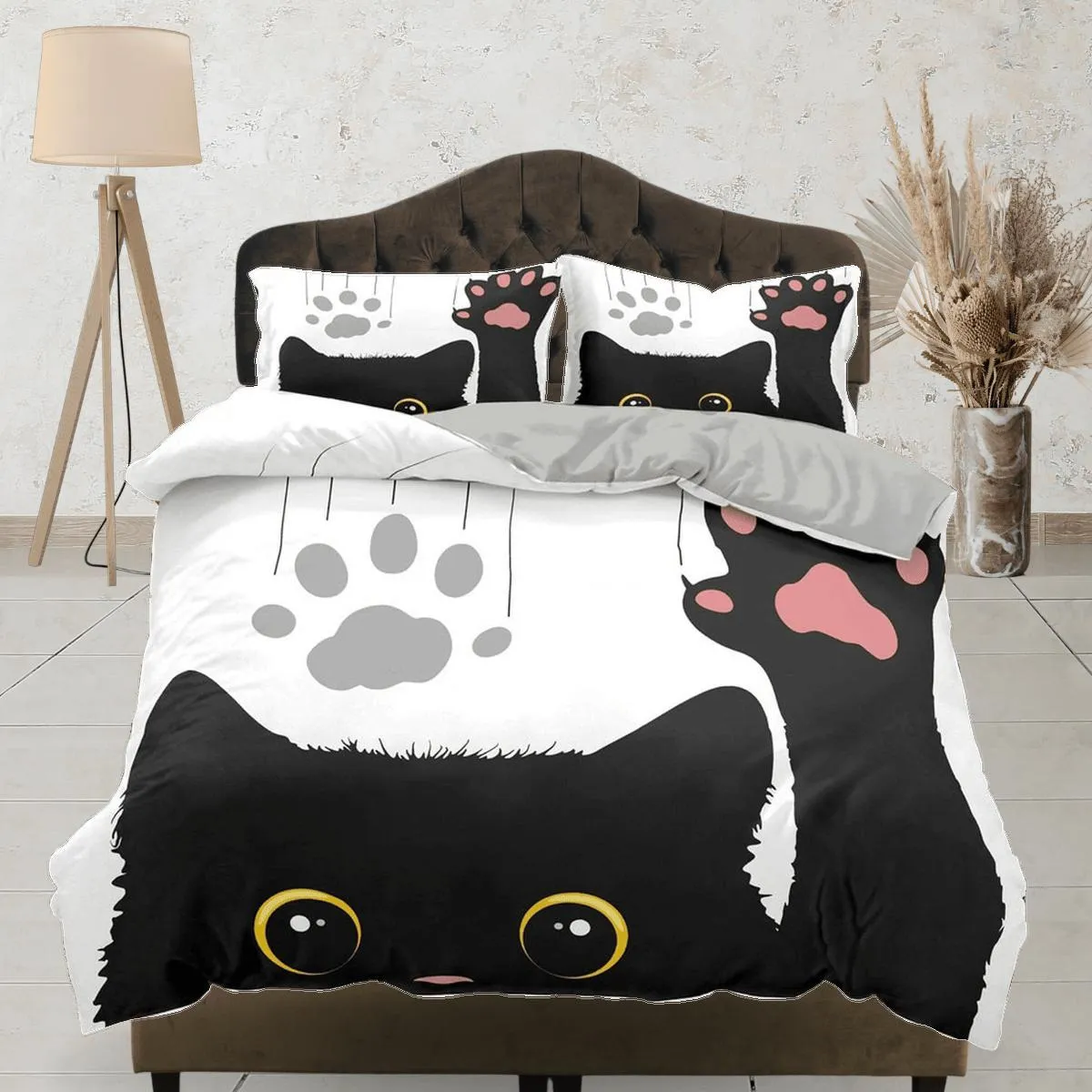 Cute black cat bedding, toddler bedding, kids duvet cover set, gift for cat lovers, baby bedding, baby shower gift, waving cat, paw print