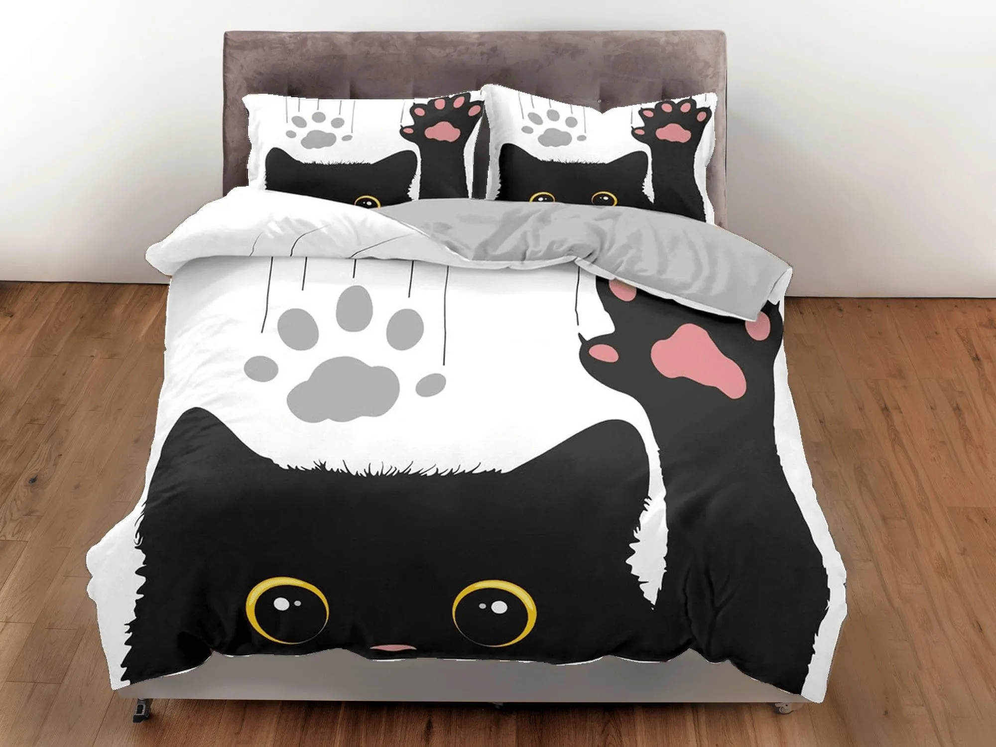 Cute black cat bedding, toddler bedding, kids duvet cover set, gift for cat lovers, baby bedding, baby shower gift, waving cat, paw print