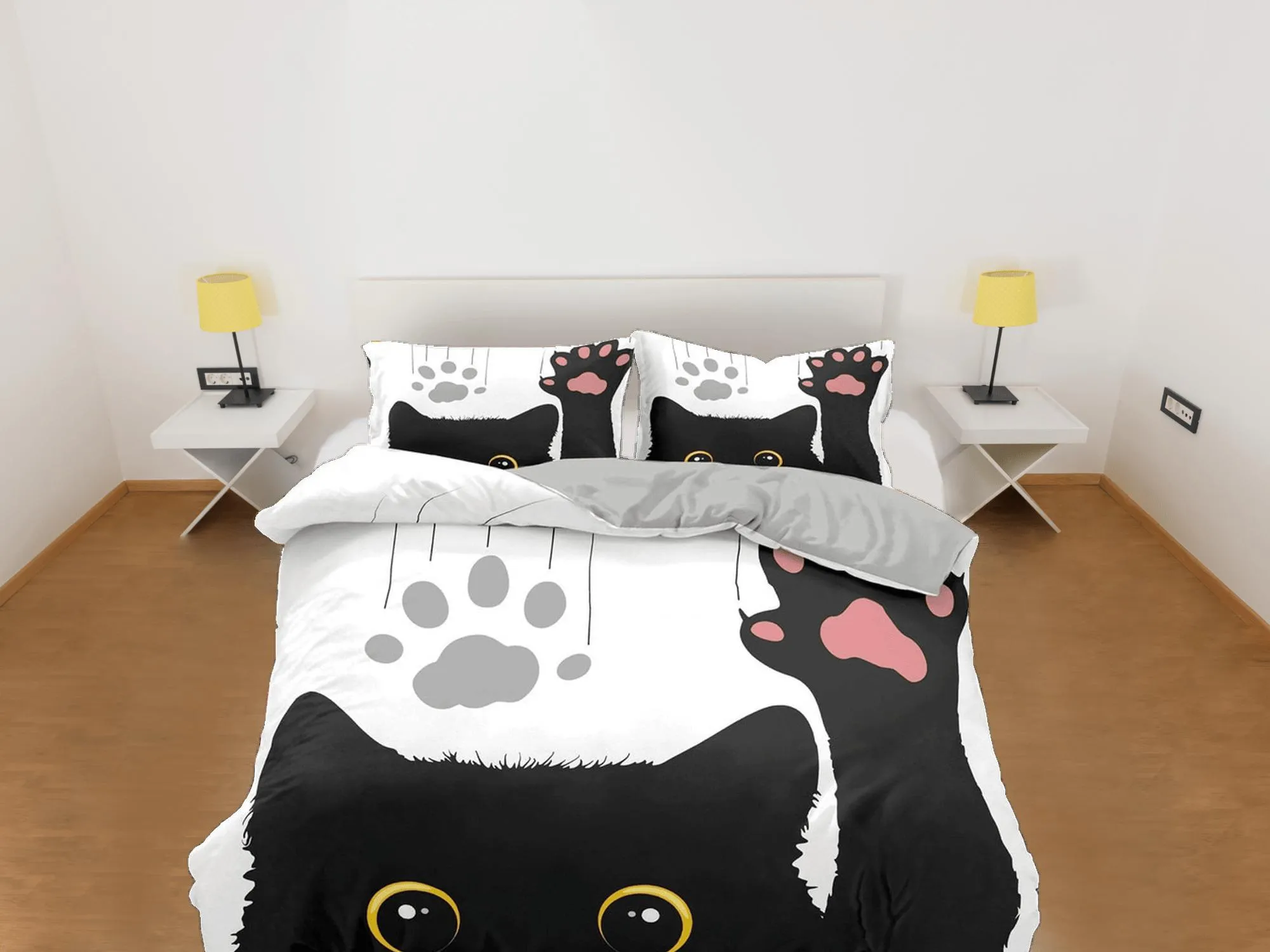 Cute black cat bedding, toddler bedding, kids duvet cover set, gift for cat lovers, baby bedding, baby shower gift, waving cat, paw print