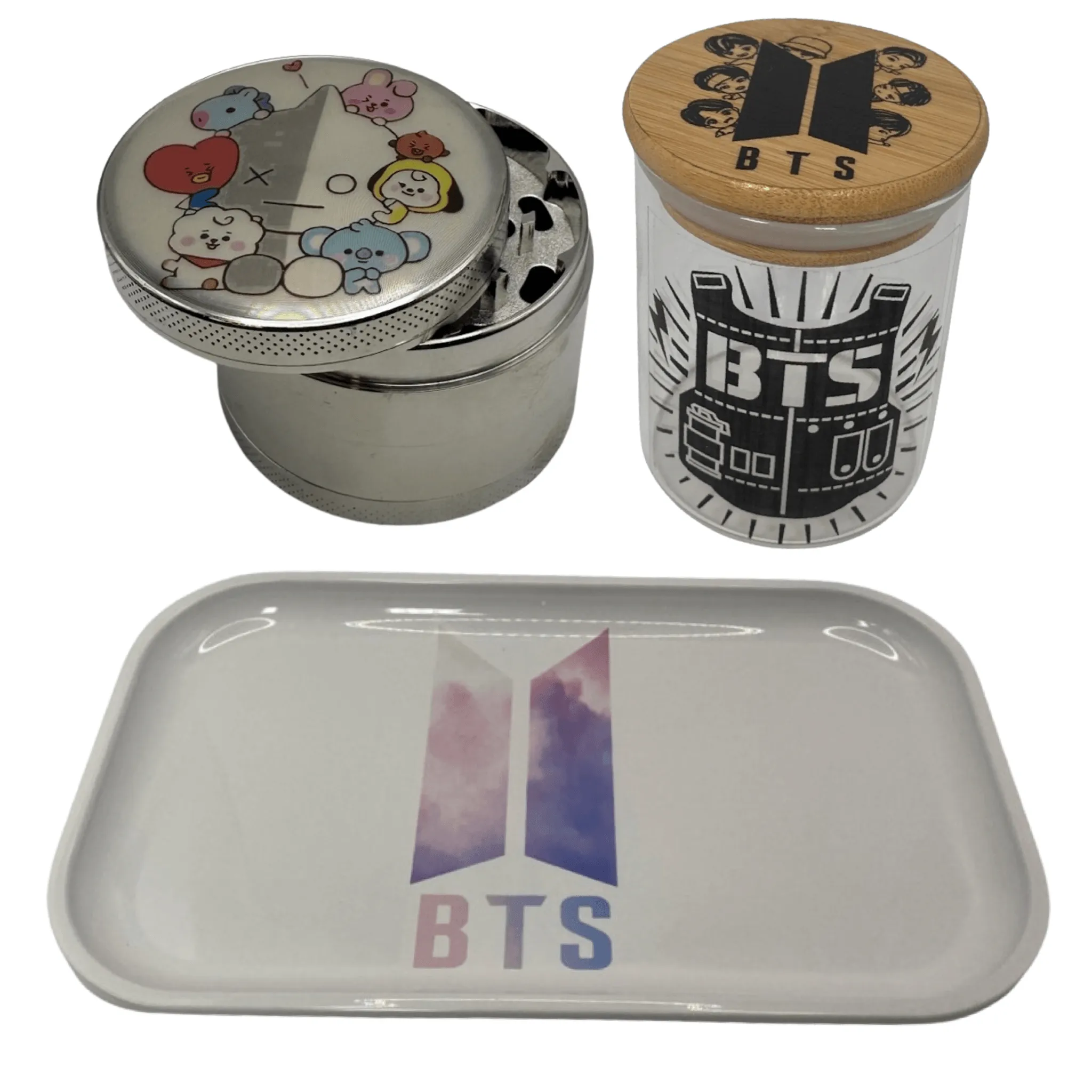 Cute BTS BT21 Spice Grinder, Stash Jar, Rolling Tray Set