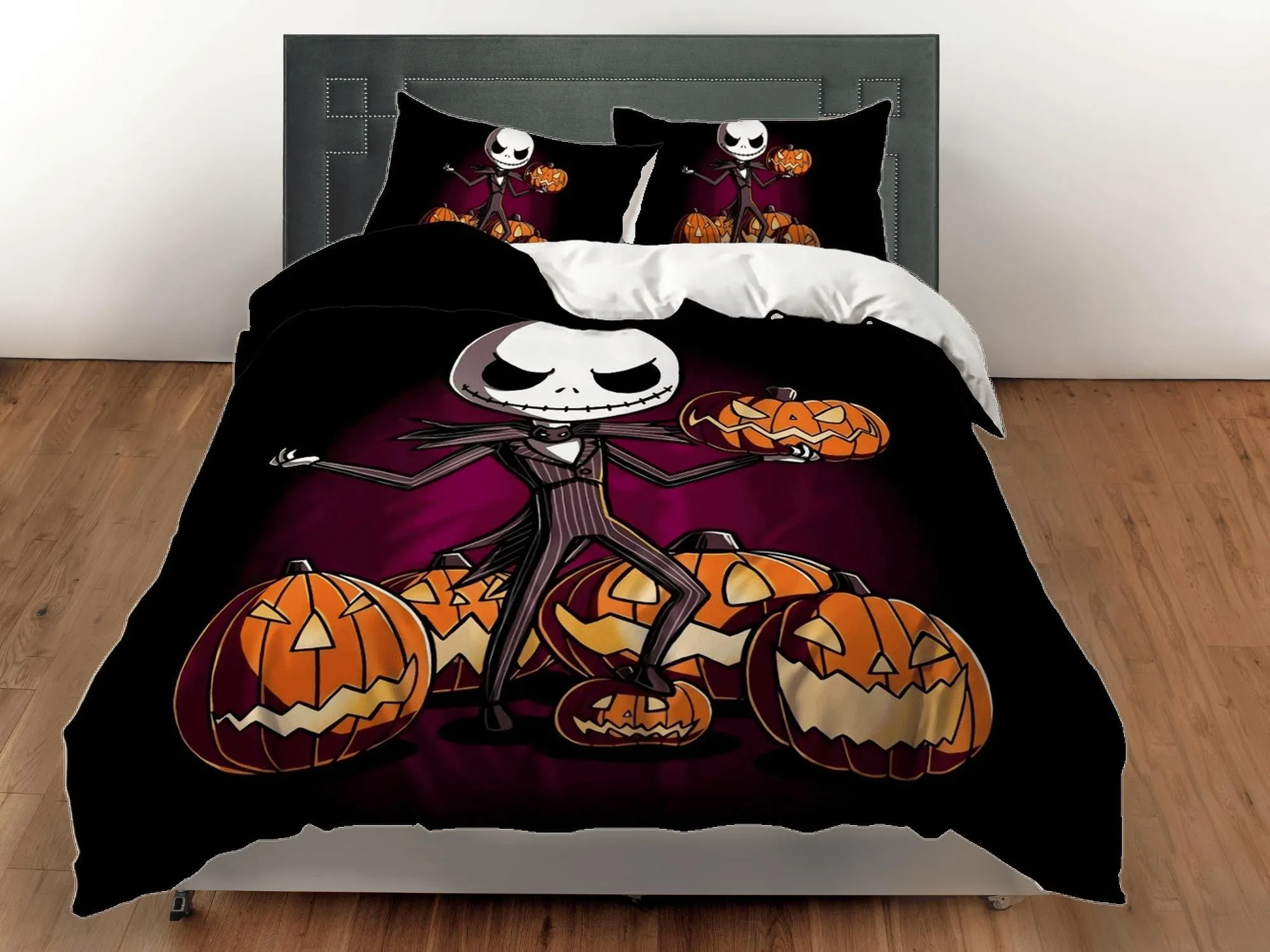 Cute skeleton in tuxedo holding pumpkin halloween bedding & pillowcase, duvet cover, dorm bedding, goth decor toddler bedding halloween gift