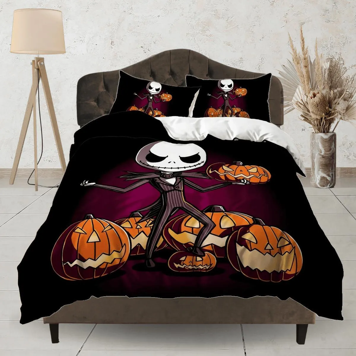 Cute skeleton in tuxedo holding pumpkin halloween bedding & pillowcase, duvet cover, dorm bedding, goth decor toddler bedding halloween gift