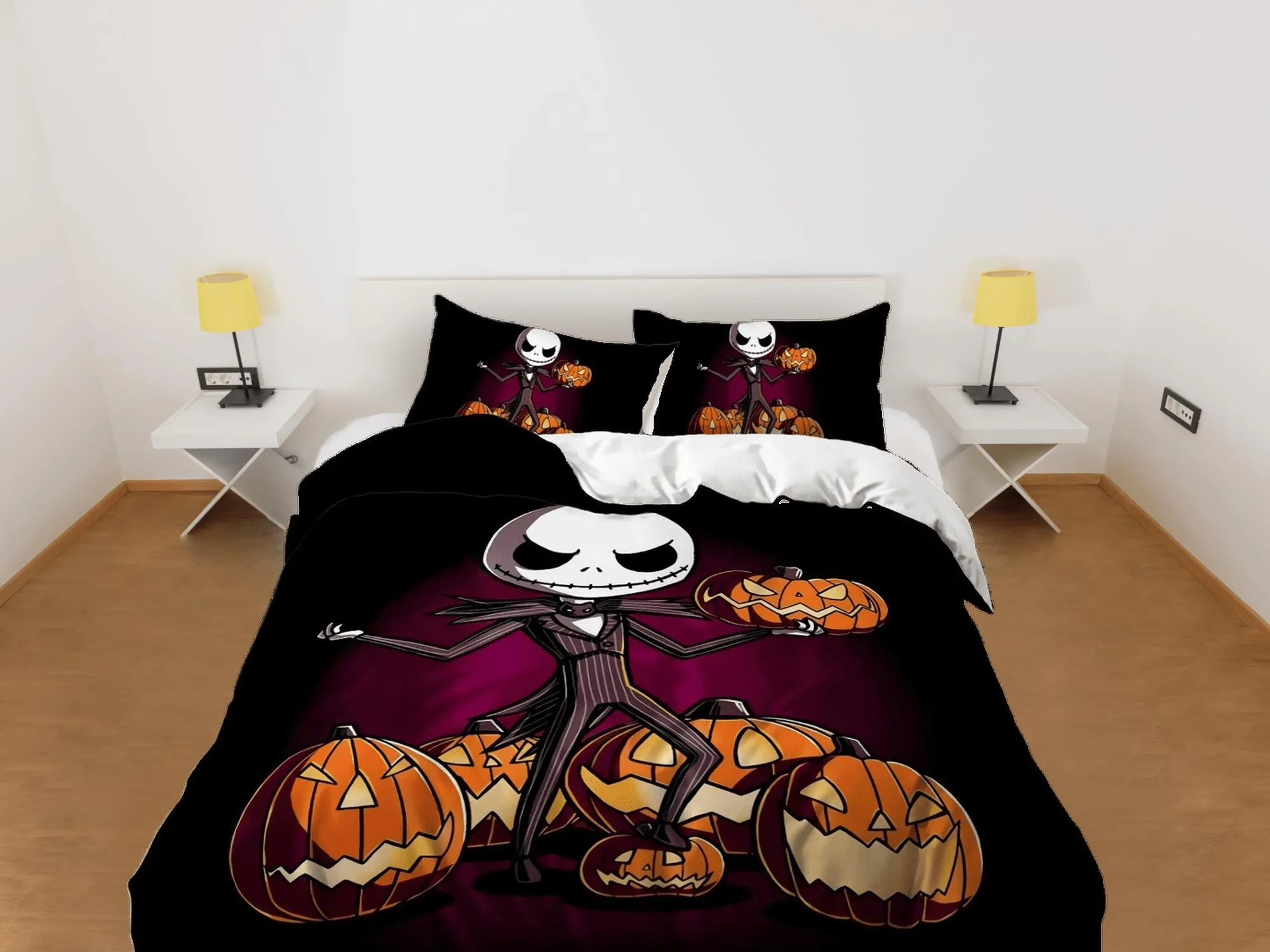 Cute skeleton in tuxedo holding pumpkin halloween bedding & pillowcase, duvet cover, dorm bedding, goth decor toddler bedding halloween gift