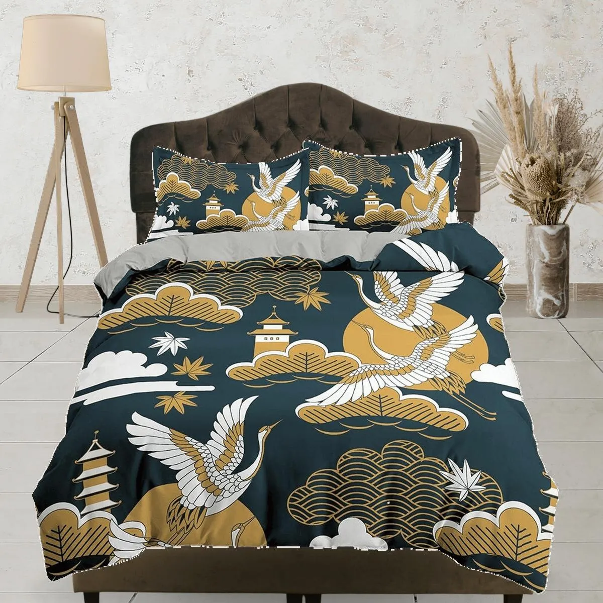 Dark green oriental bedding set cover with muted orange color accent, crane bird on Japanese style duvet cover, king, queen, full, twin