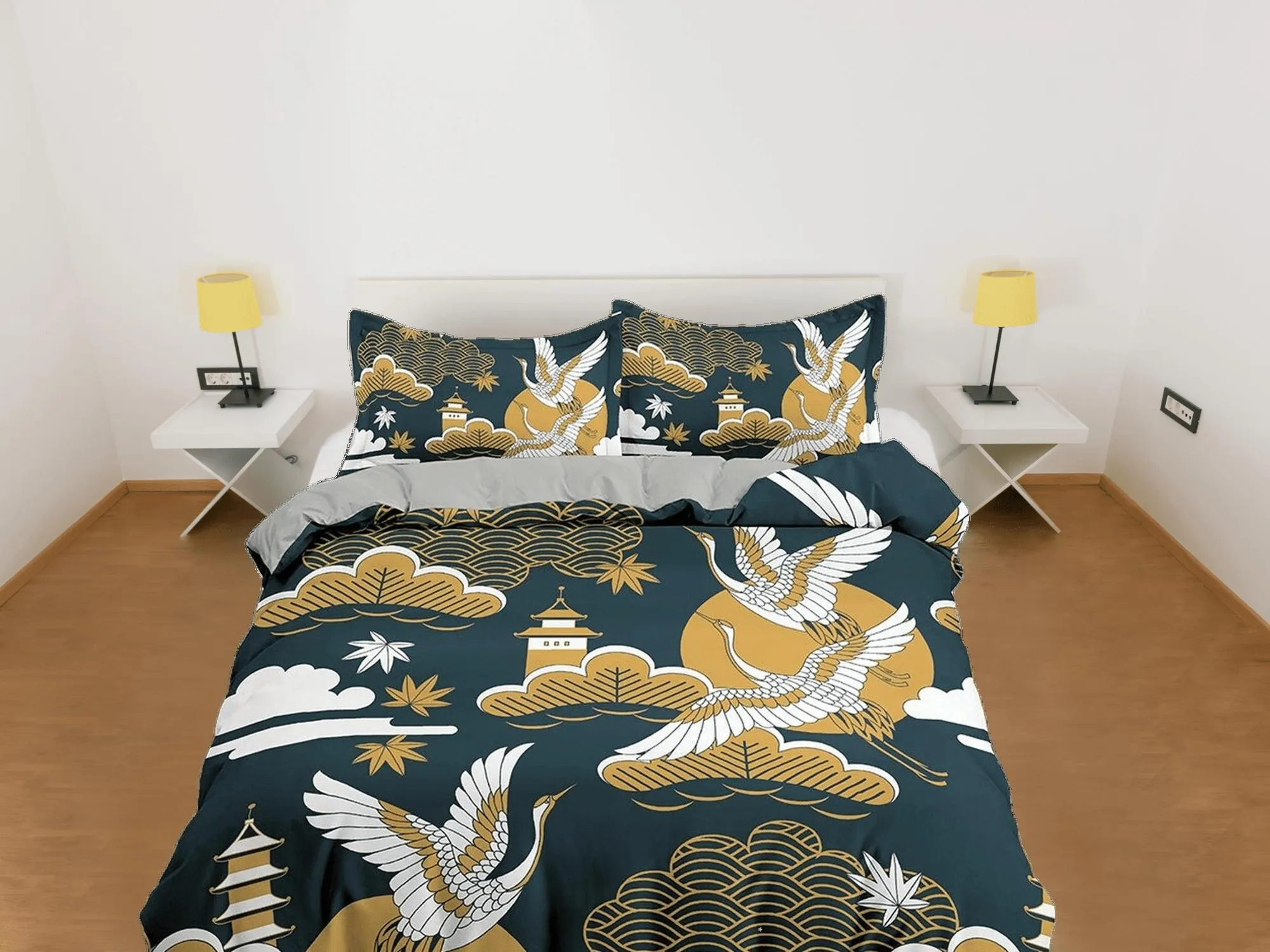 Dark green oriental bedding set cover with muted orange color accent, crane bird on Japanese style duvet cover, king, queen, full, twin