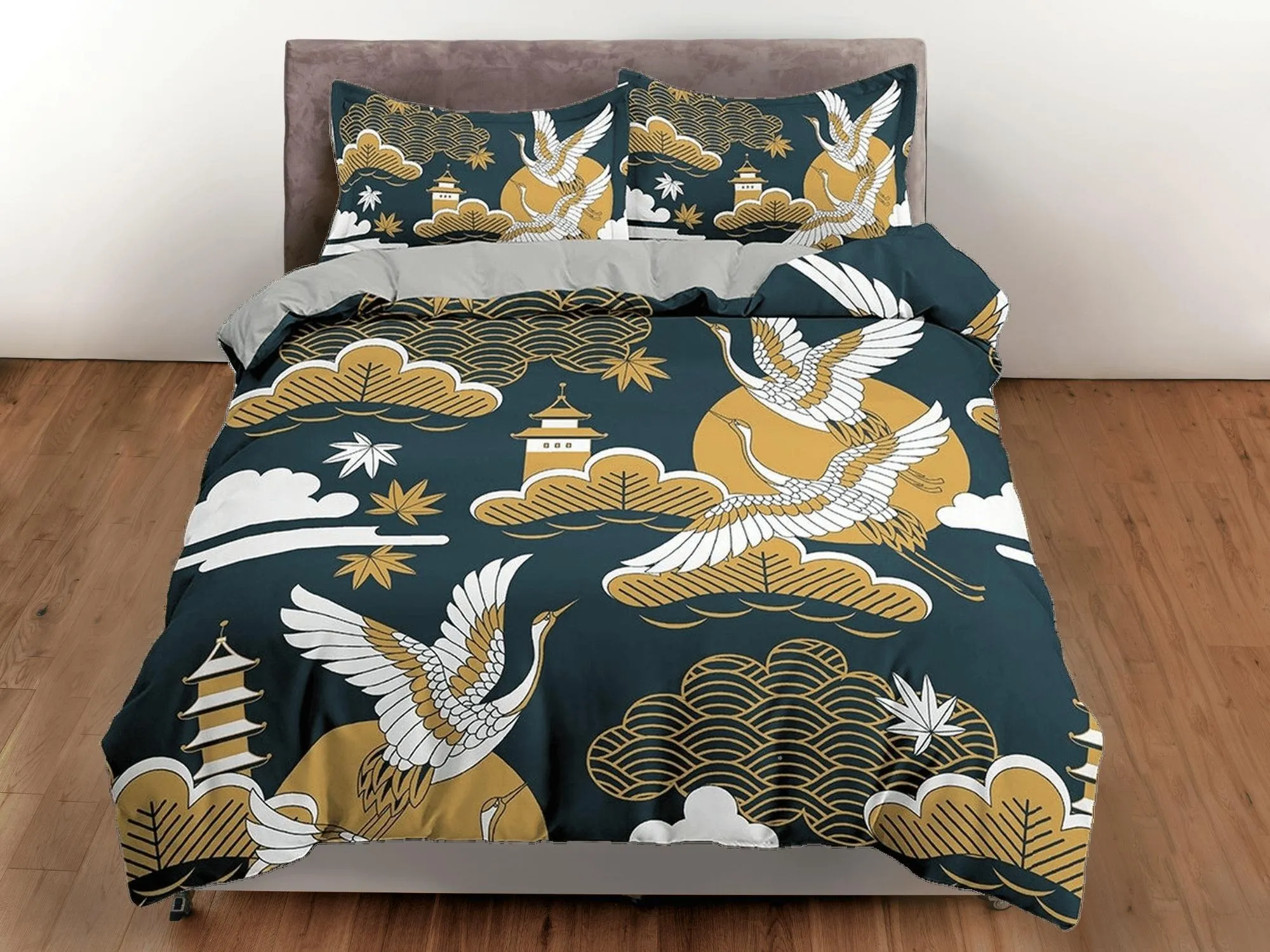 Dark green oriental bedding set cover with muted orange color accent, crane bird on Japanese style duvet cover, king, queen, full, twin