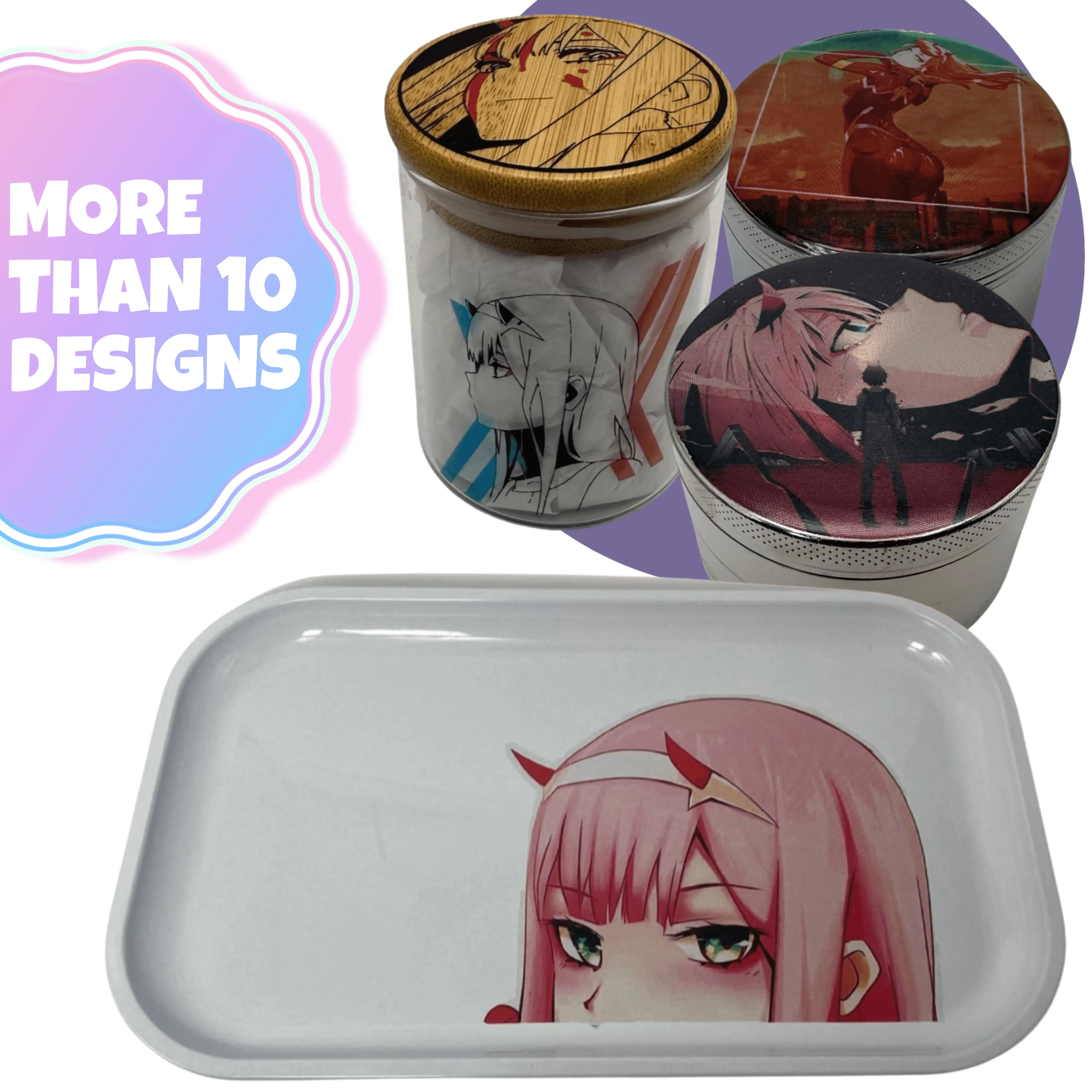 Darling in the Franxx Anime Spice Grinder, Stash Jar, Rolling Tray Set