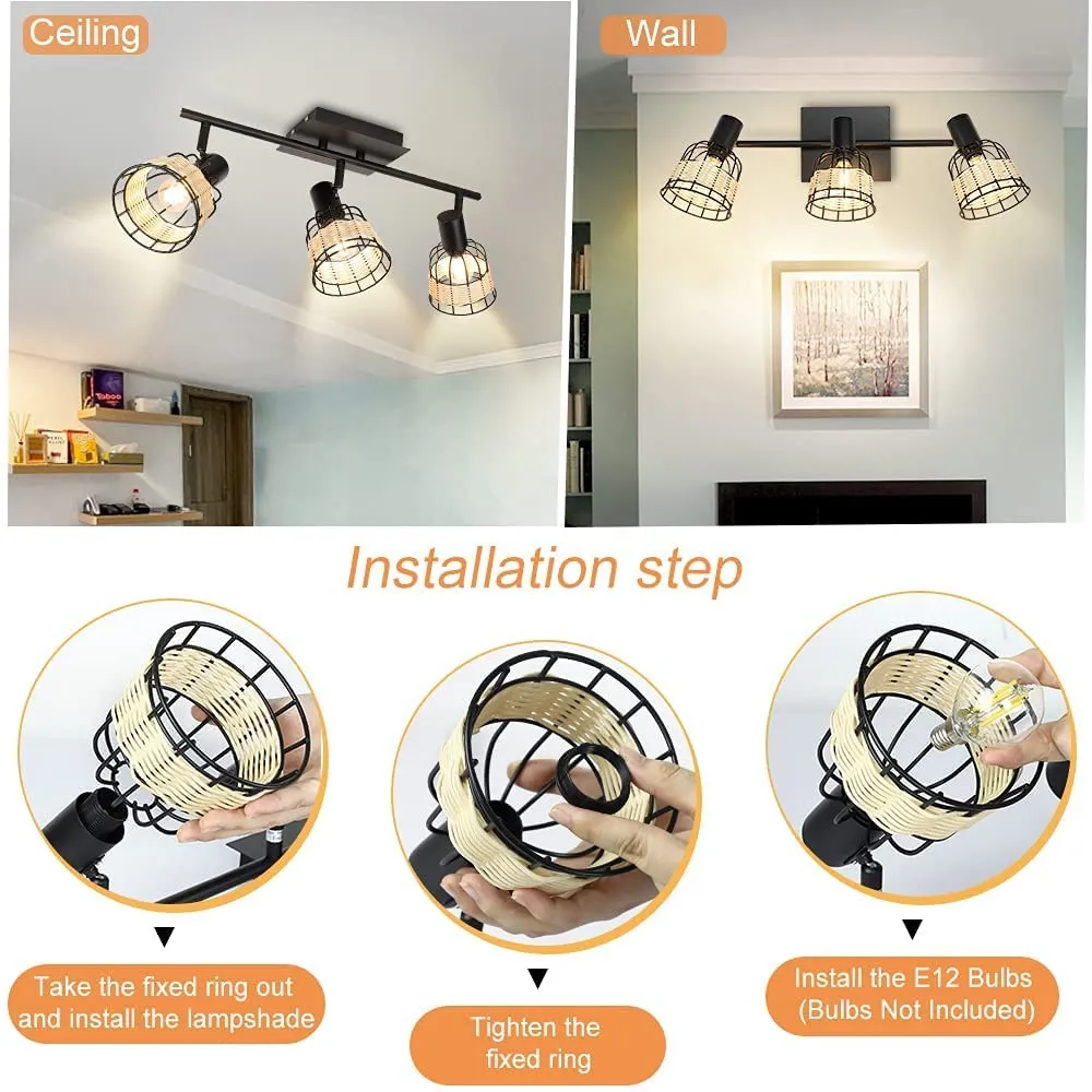 Depuley 3 Ways Adjustable Ceiling Light, Black Metal and Weaving Lampshade Ceiling Spotlight for Kitchen,Living Room,Bedroom,Dining Room,Hallway (Bulbs not Include)