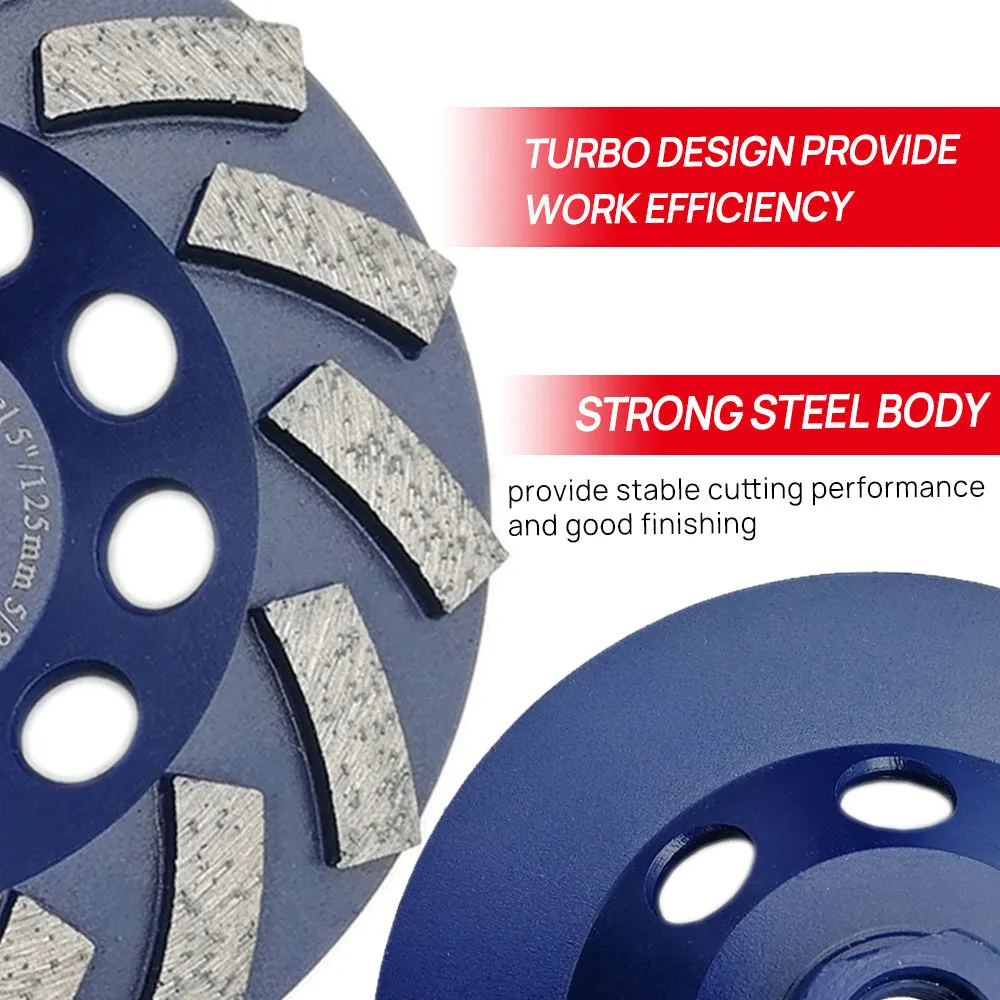 DT-DIATOOL Diamond Segmented Turbo Row Cup Grinding Wheel with 5/8-11 Thread for Concrete Hard Stone 4''/4.5''/5''/7''