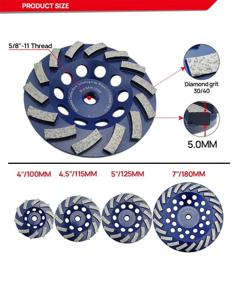 DT-DIATOOL Diamond Segmented Turbo Row Cup Grinding Wheel with 5/8-11 Thread for Concrete Hard Stone 4''/4.5''/5''/7''