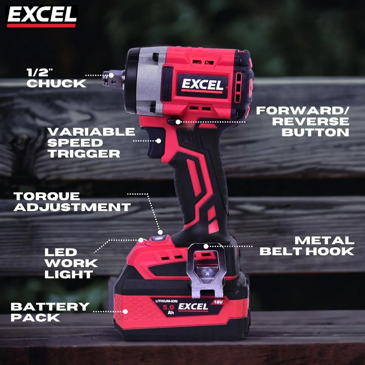 Excel 18V Twin Pack Impact Wrench & Angle Grinder with 2 x 5.0Ah Battery & Charger