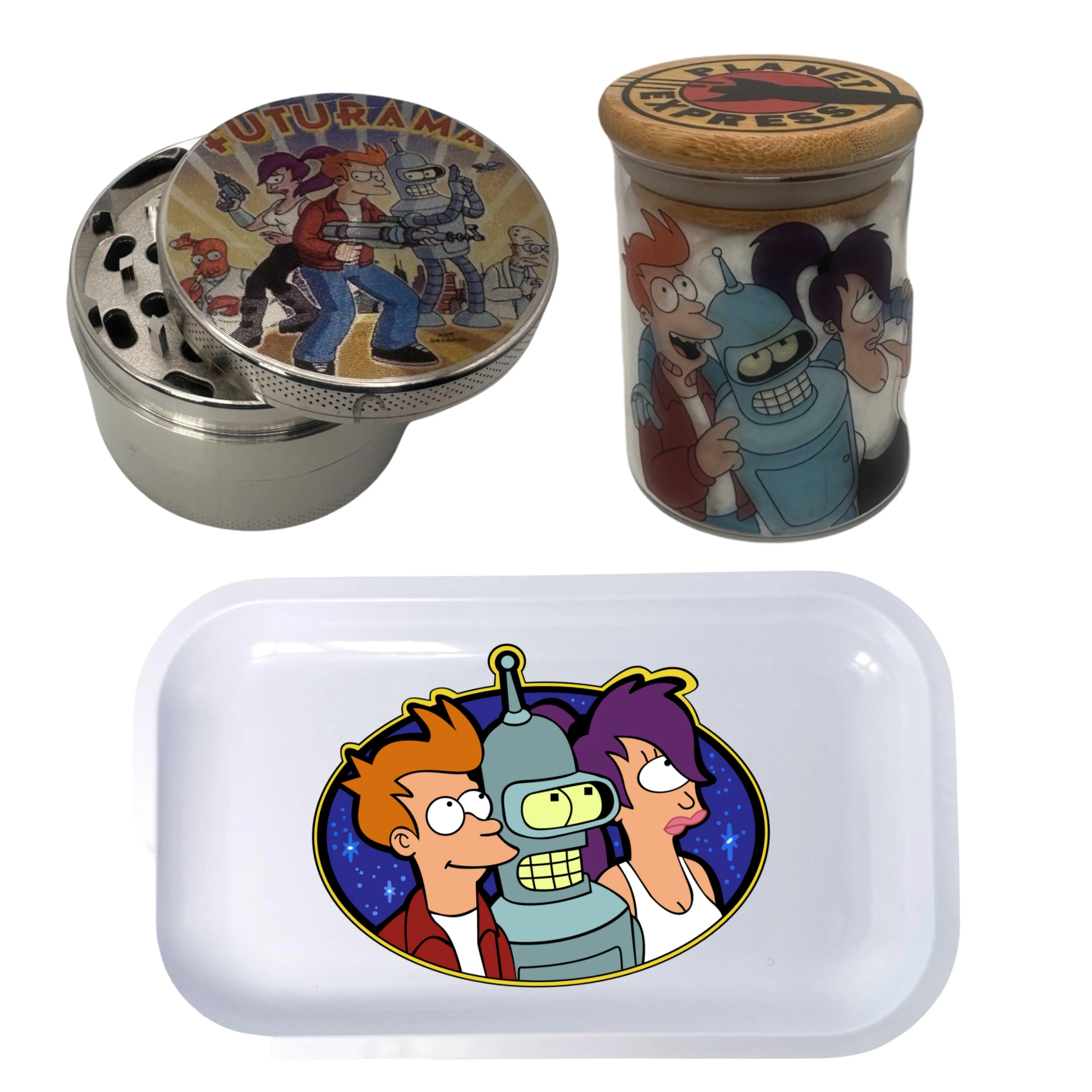 Futurama Space Cartoon Spice Grinder, Stash Jar, Rolling Tray Set