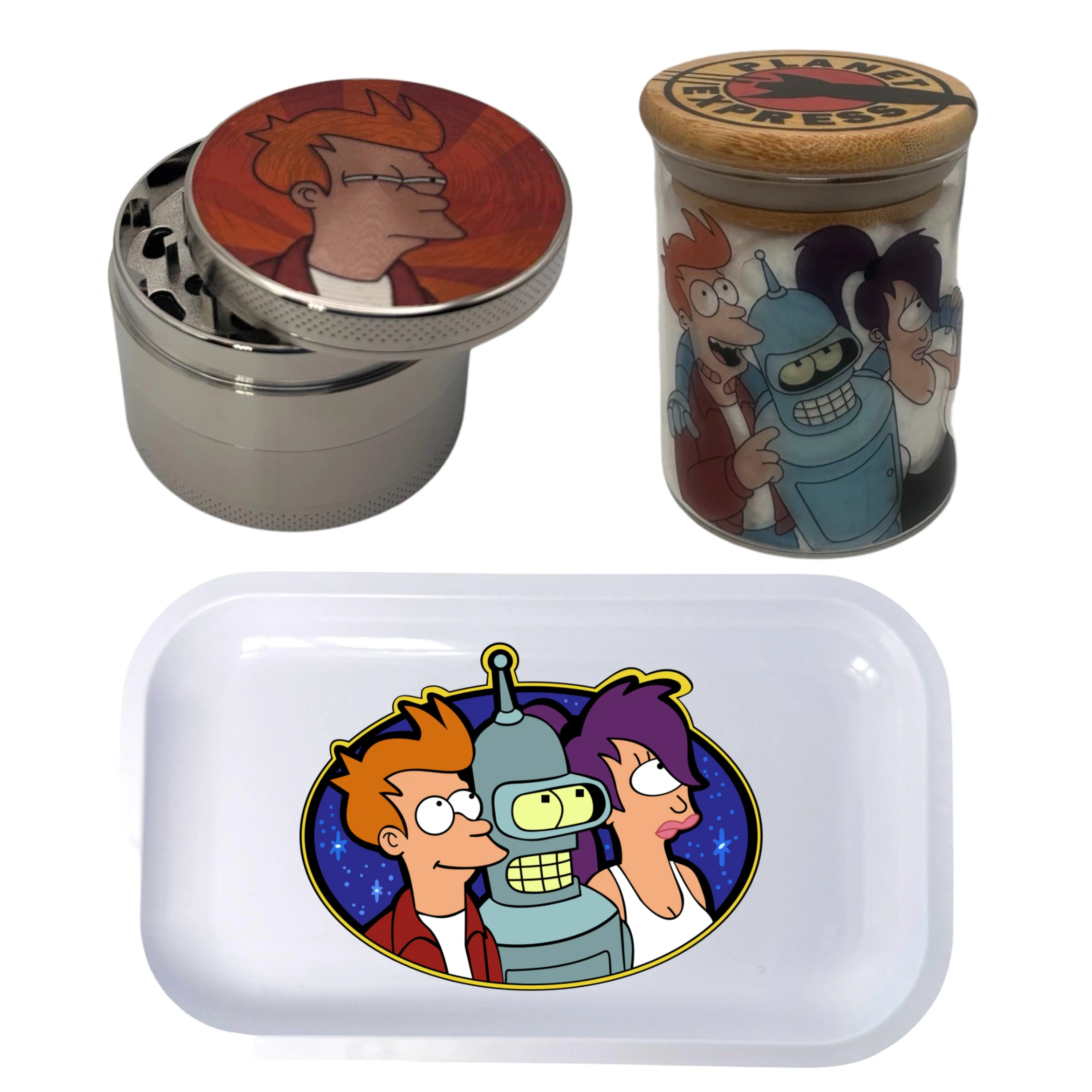 Futurama Space Cartoon Spice Grinder, Stash Jar, Rolling Tray Set