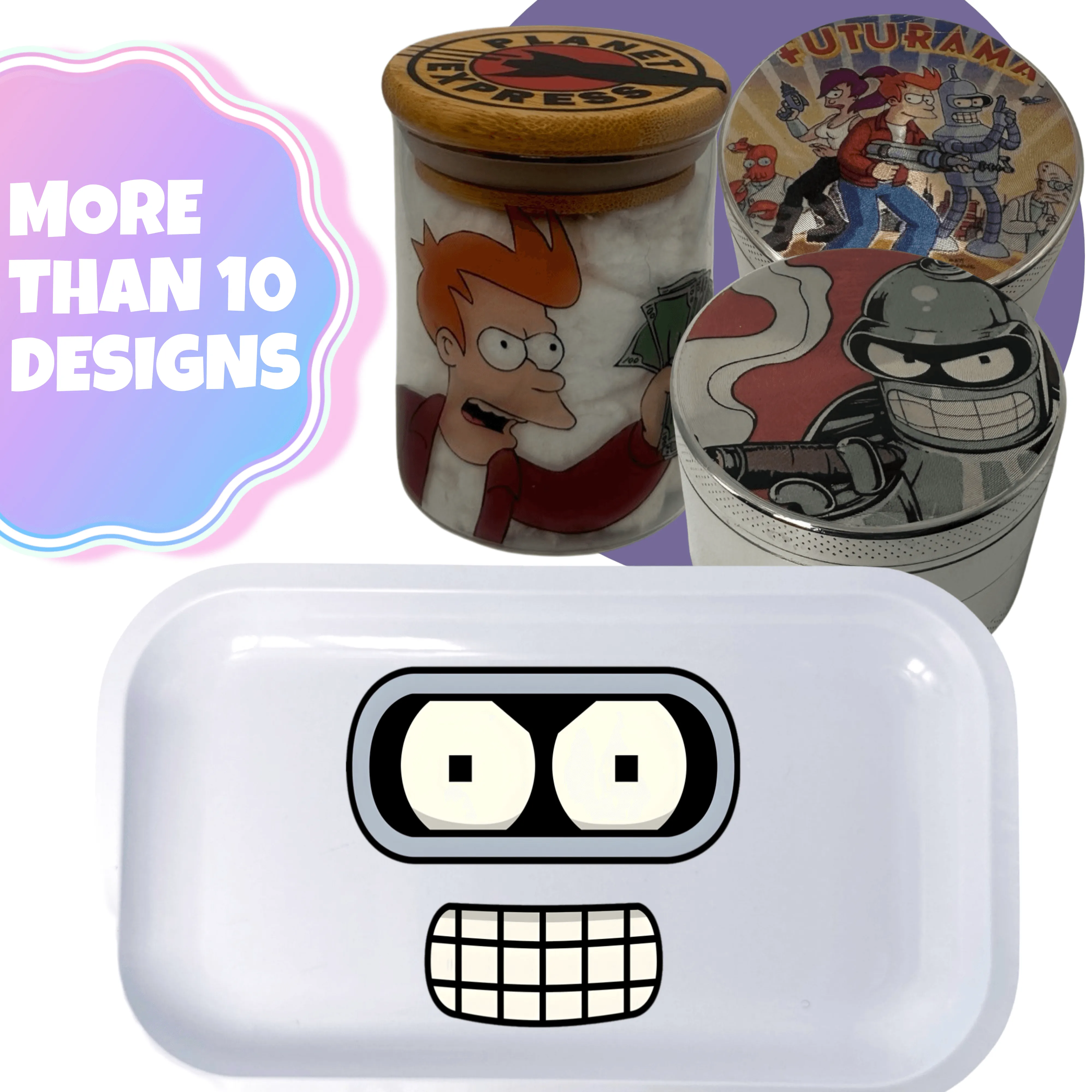 Futurama Space Cartoon Spice Grinder, Stash Jar, Rolling Tray Set