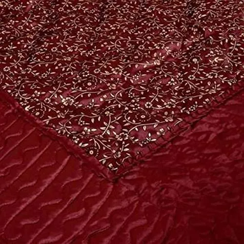 Generic Satin Luxury Gold Printed Quilted Microfibre King Size Wedding Bedding Bedsheet Set ???, Set of 8 Pieces for Home & Living Room (Maroon)