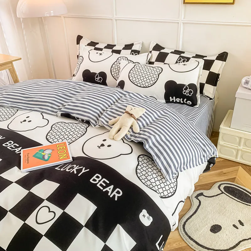 Gray Bear Checkered Bedding Set