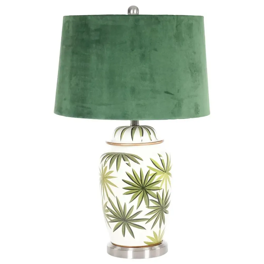 Green Leaf Ceramic Table Lamp Velvet Shade 36 x 36 x 71cm