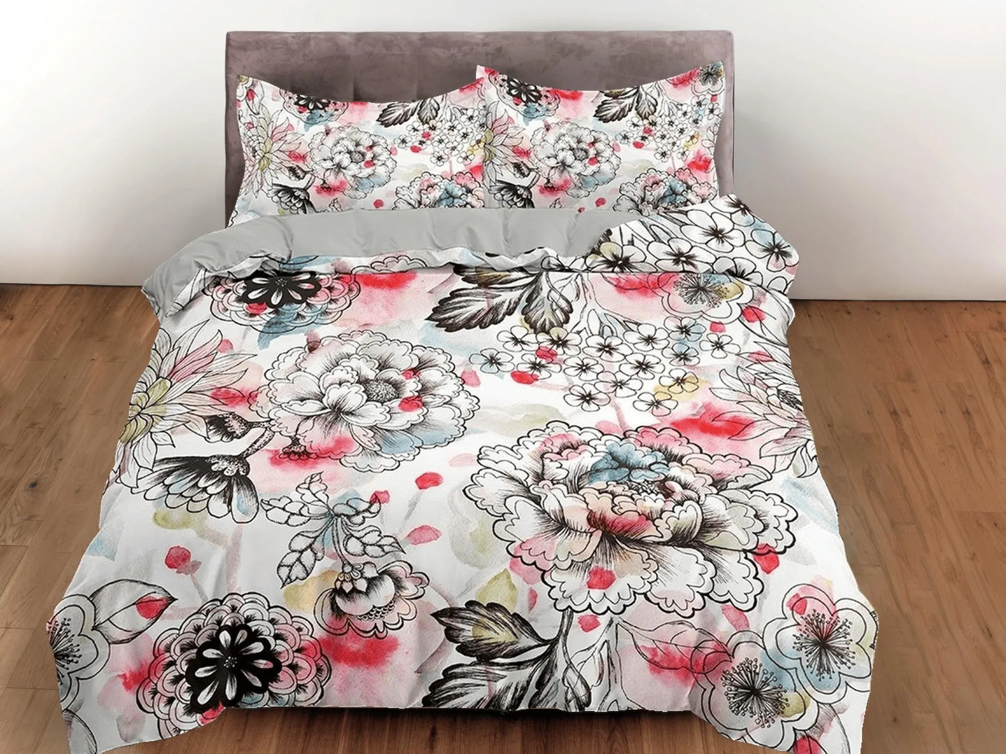 Hand drawn biophilic bedding, floral printed duvet cover queen, king, boho duvet, designer bedding, aesthetic bedding, maximalist decor