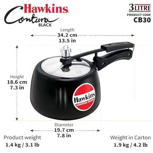 Hawkins 3 Litre Contura Black Pressure Cooker, Hard Anodised Inner Lid Cooker, Handi Cooker, Black (CB30)