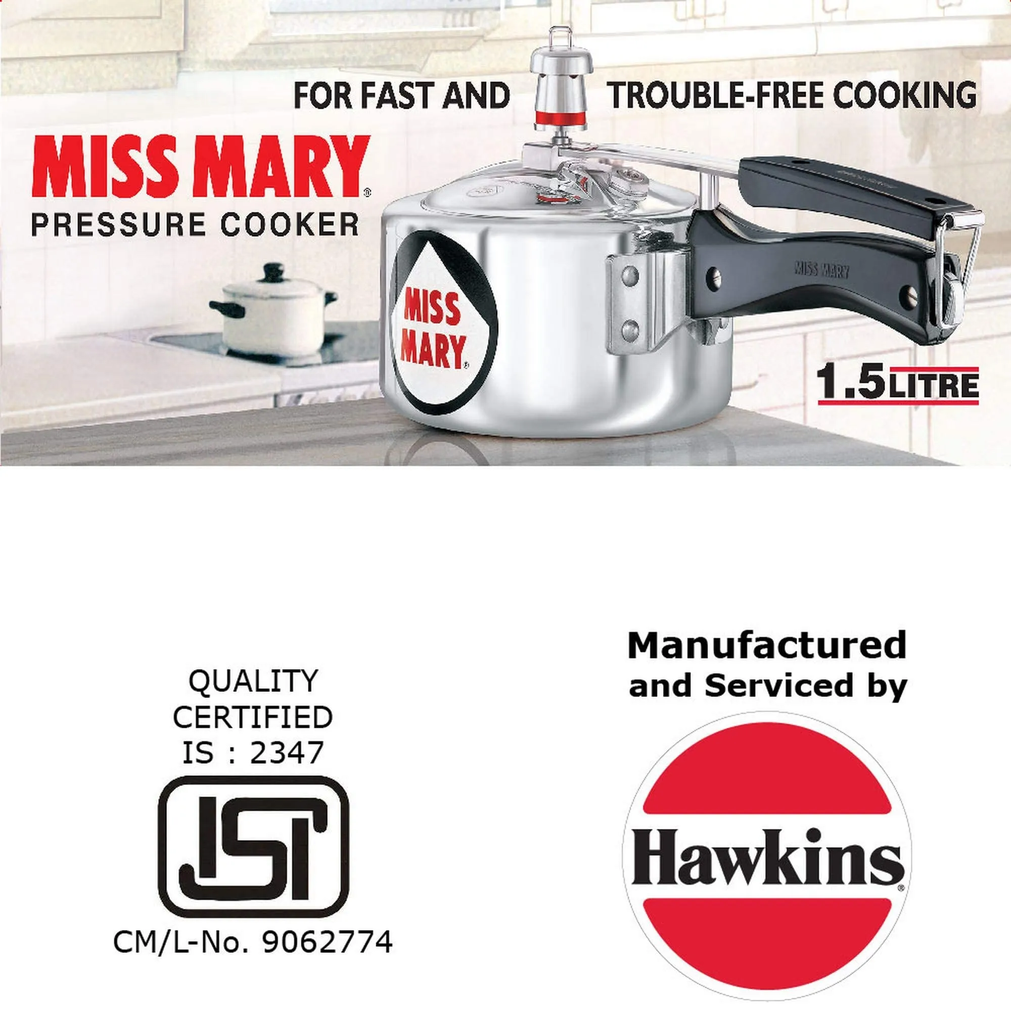 Hawkins Miss Mary Aluminium Inner Lid Pressure Cooker, 1.5 Litre, Silver (MM15)