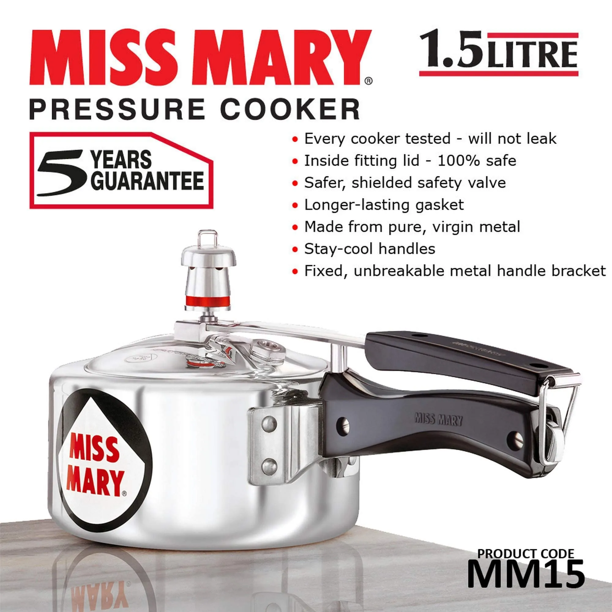 Hawkins Miss Mary Aluminium Inner Lid Pressure Cooker, 1.5 Litre, Silver (MM15)