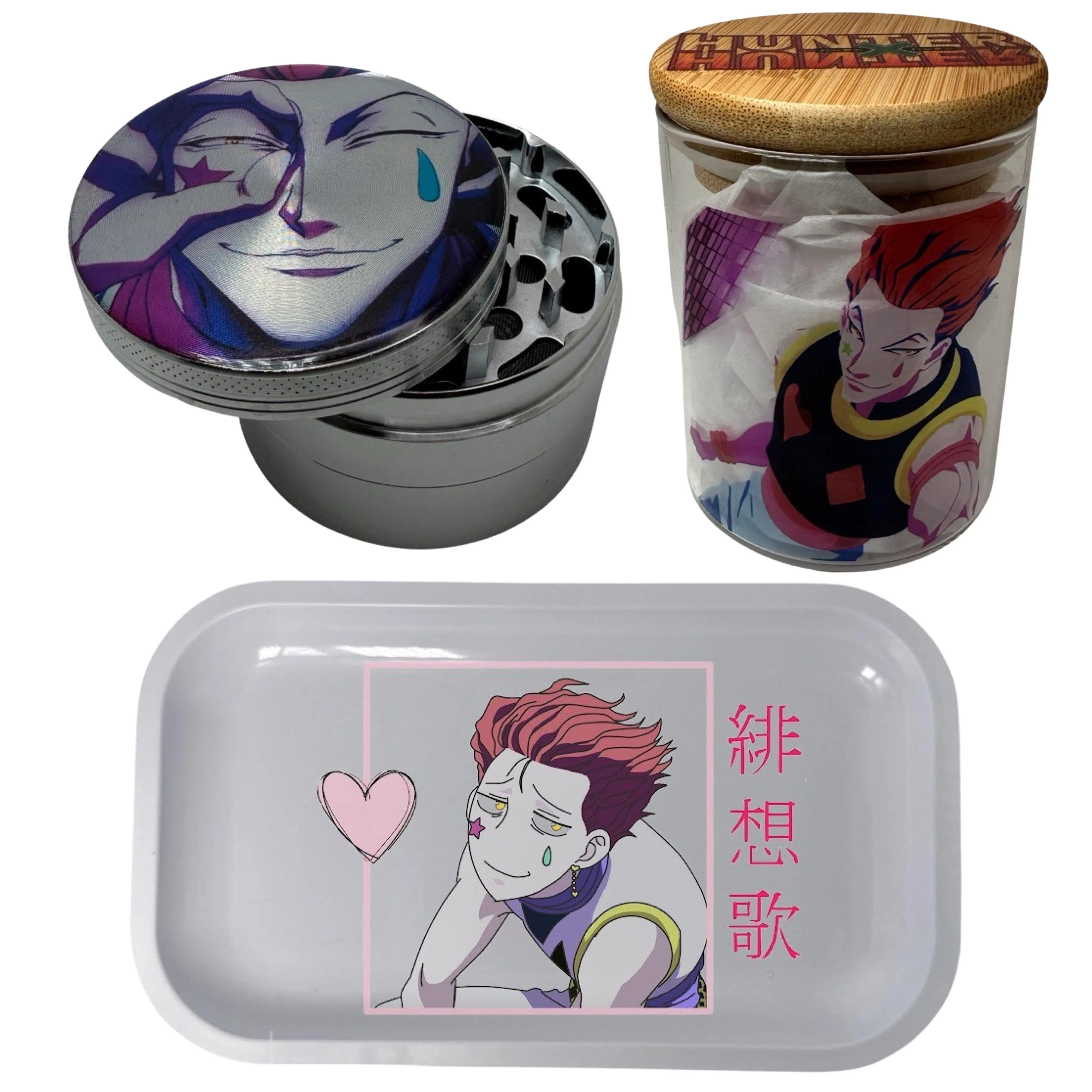 HxH Hunter Hunter Anime Spice Grinder, Stash Jar, Rolling Tray Set