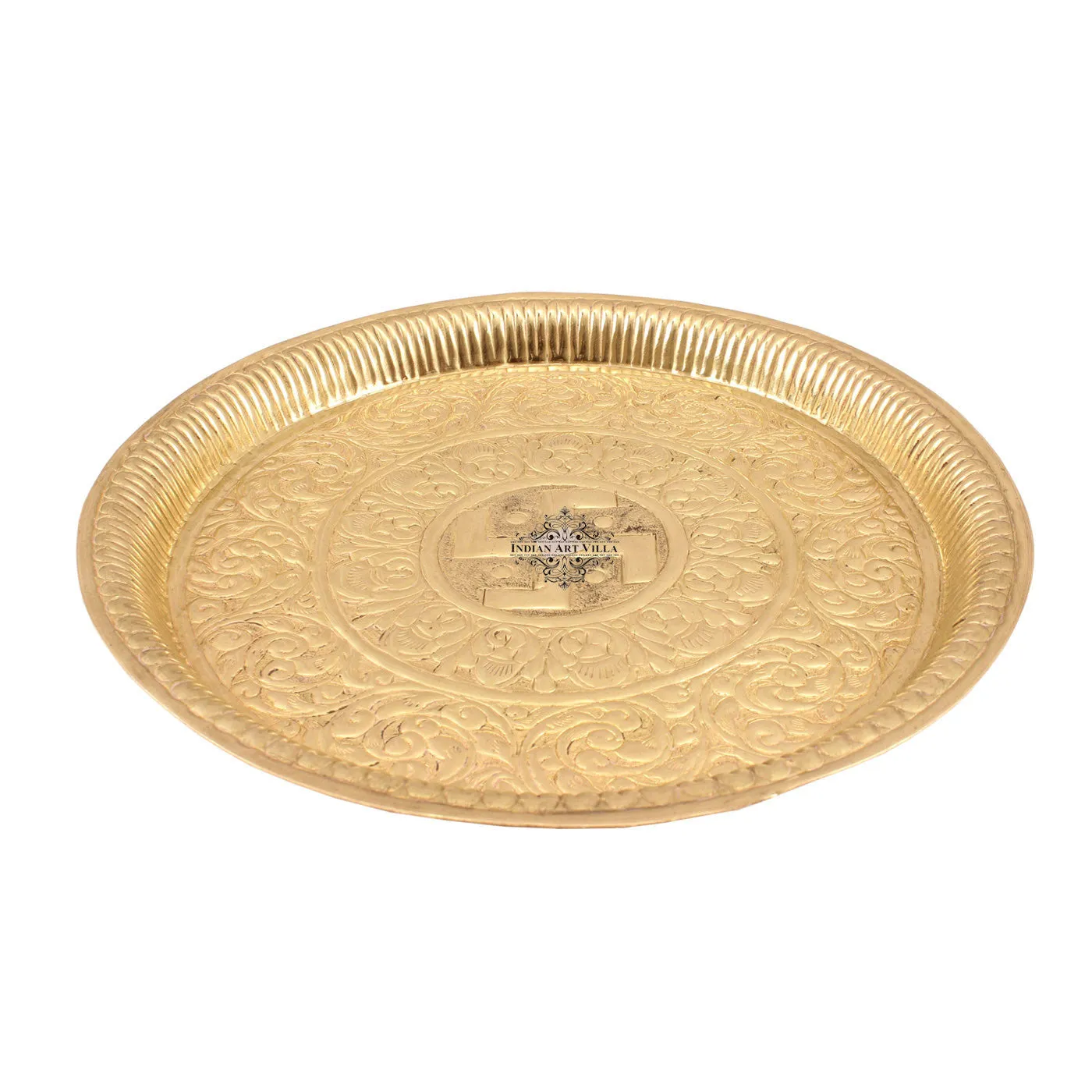 Indian Art Villa Brass Swastik Design Pooja Thali Plate|Poojan Temple Home