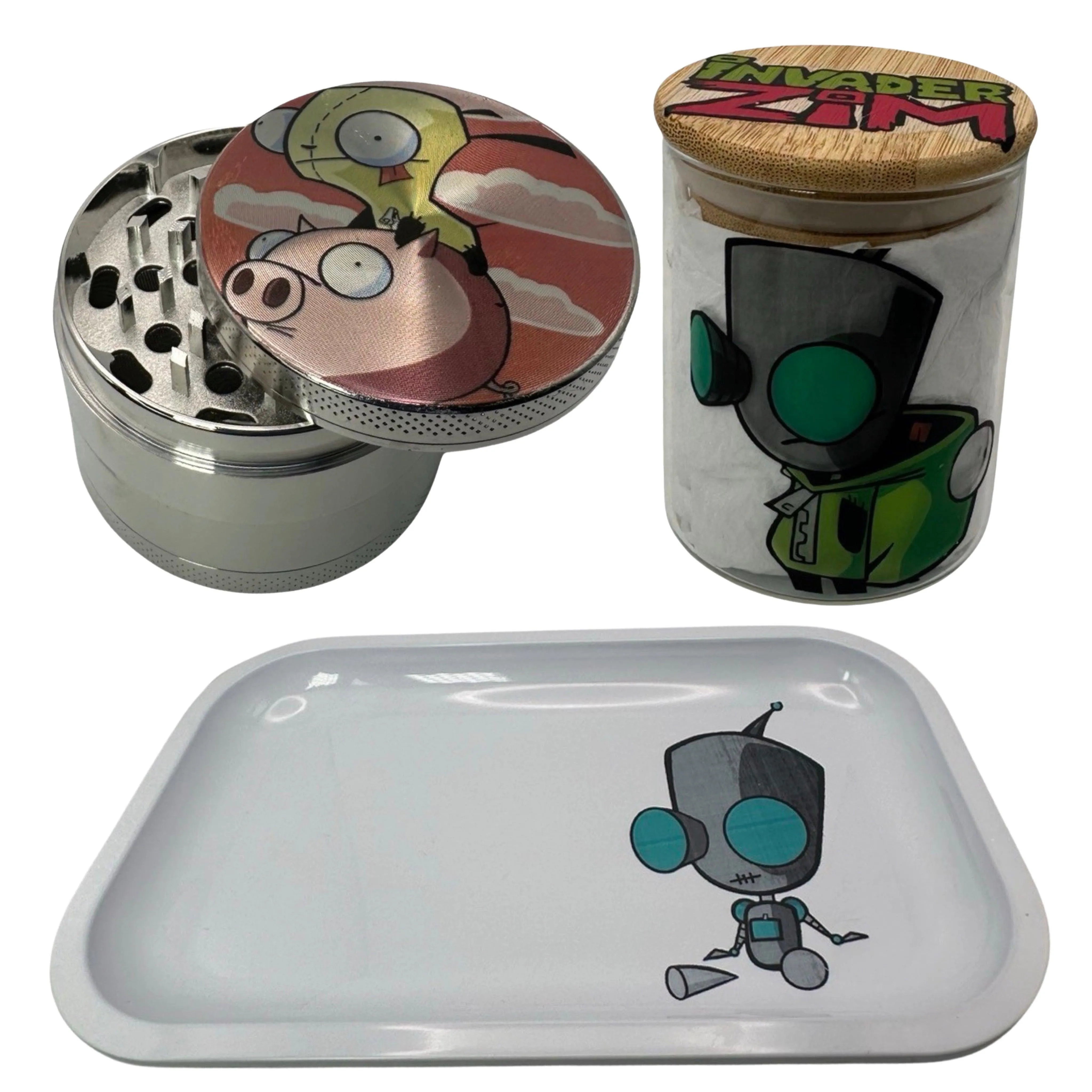 Invader Zim Cartoon Spice Grinder, Stash Jar, Rolling Tray Set