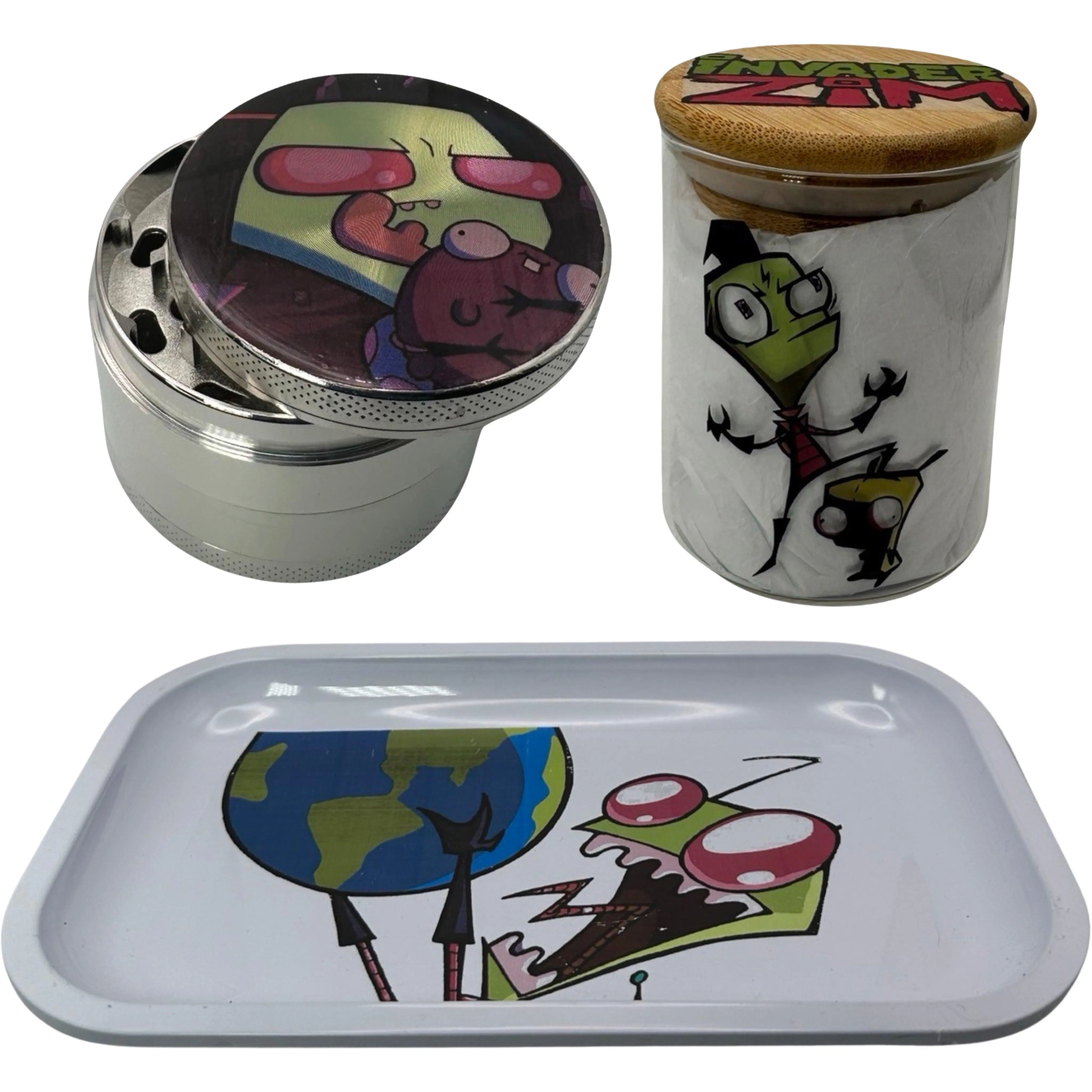 Invader Zim Cartoon Spice Grinder, Stash Jar, Rolling Tray Set