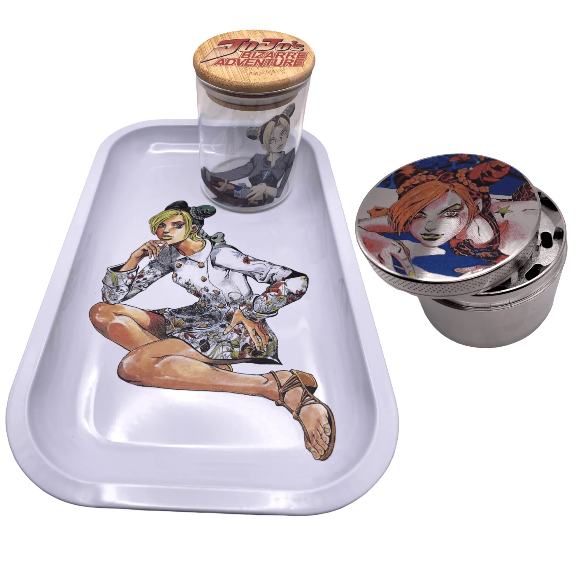 Jojos Bizzare Adventure Anime Spice Grinder, Stash Jar, Rolling Tray Set