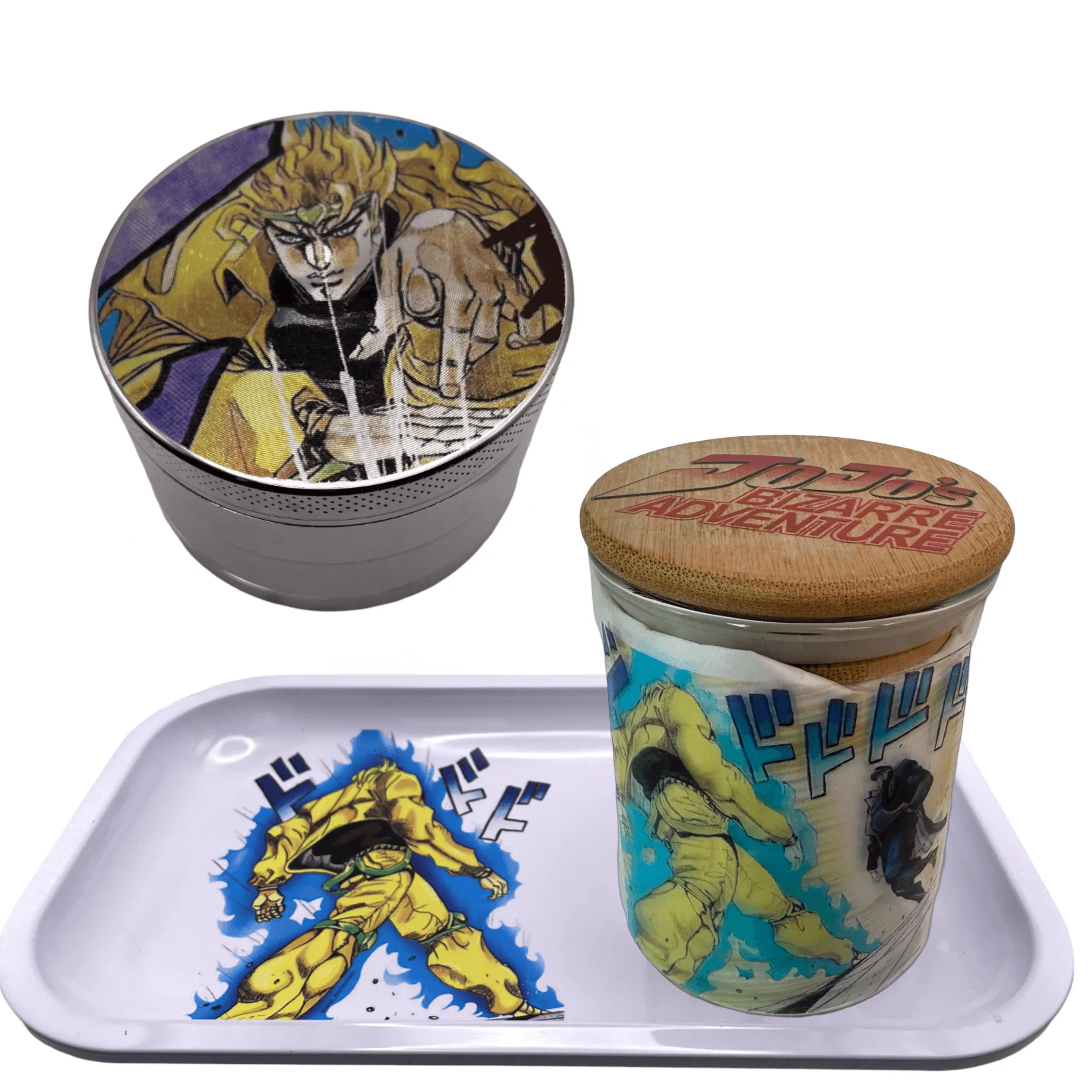 Jojos Bizzare Adventure Anime Spice Grinder, Stash Jar, Rolling Tray Set