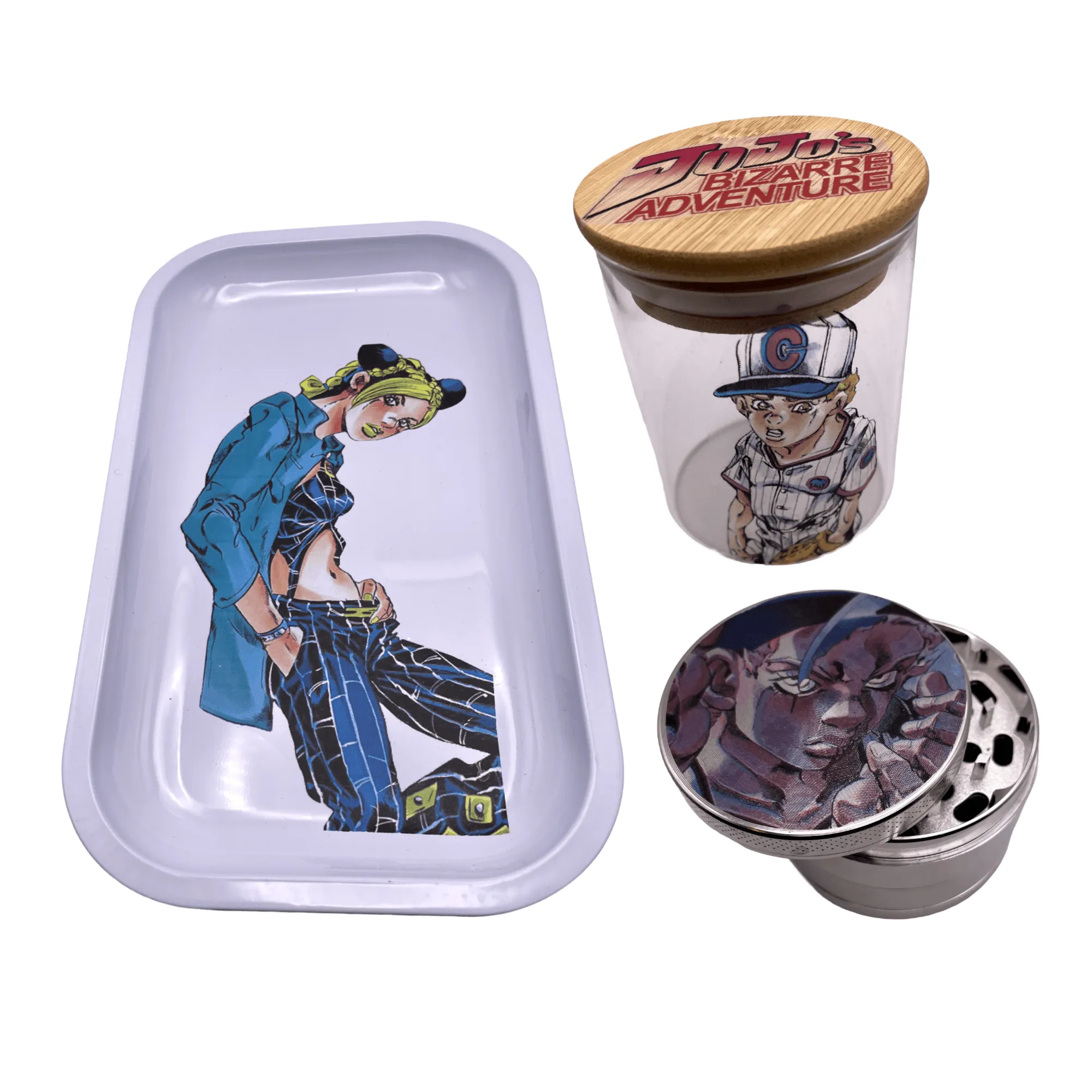 Jojos Bizzare Adventure Anime Spice Grinder, Stash Jar, Rolling Tray Set