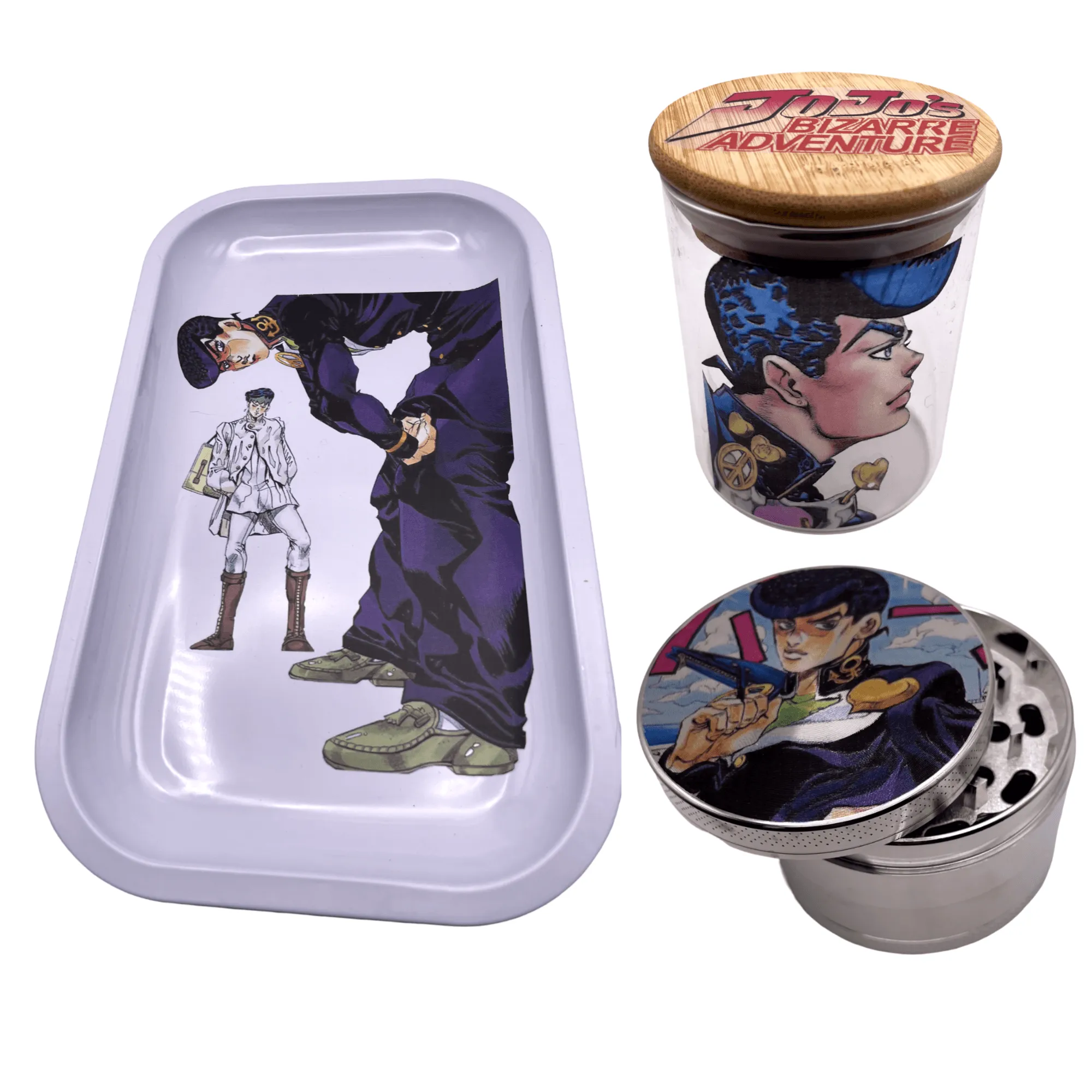 Jojos Bizzare Adventure Anime Spice Grinder, Stash Jar, Rolling Tray Set