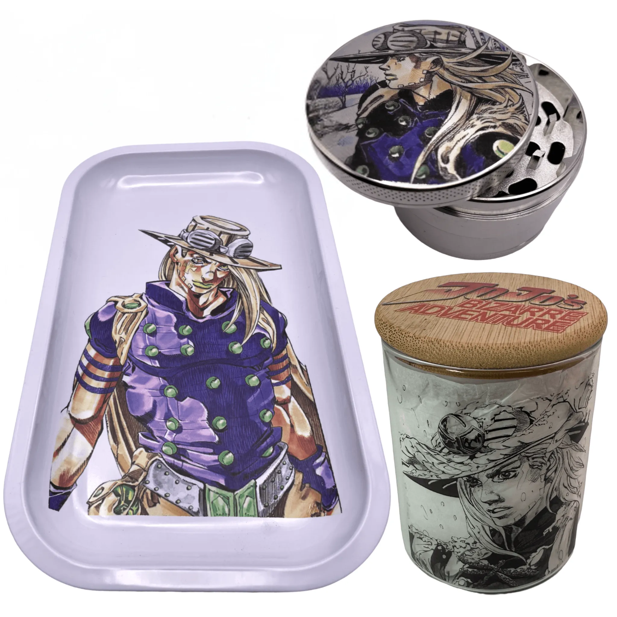 Jojos Bizzare Adventure Anime Spice Grinder, Stash Jar, Rolling Tray Set