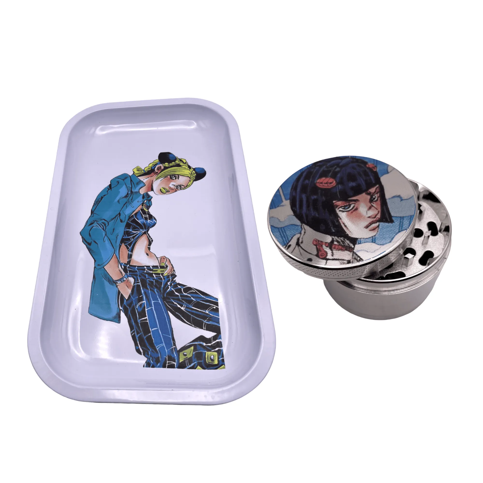 Jojos Bizzare Adventure Anime Spice Grinder, Stash Jar, Rolling Tray Set